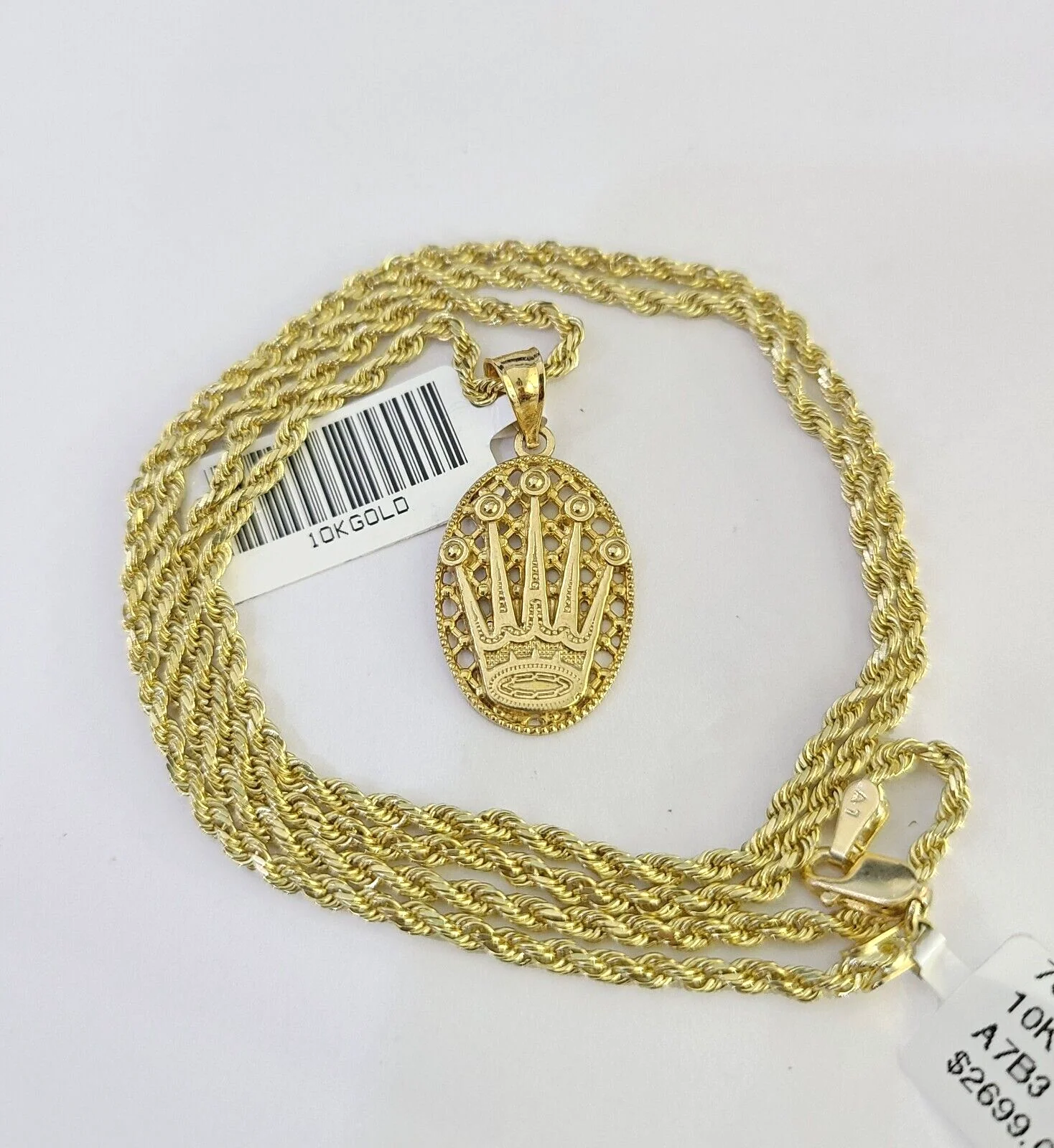 10k Solid Rope Chain Crown Pendant Charm Necklace 18-24" SET 2mm - Image 3