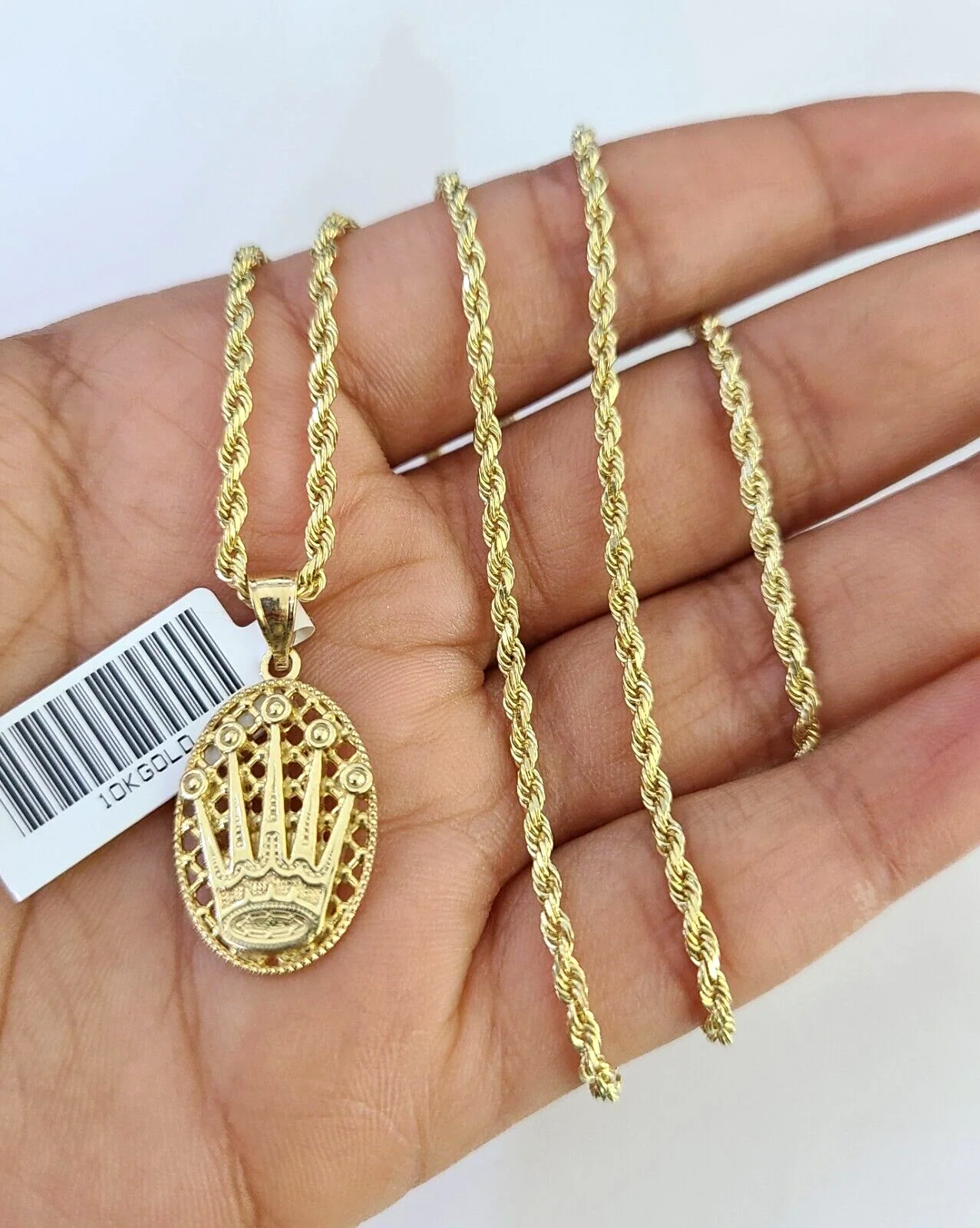 10k Solid Rope Chain Crown Pendant Charm Necklace 18-24" SET 2mm - Image 5