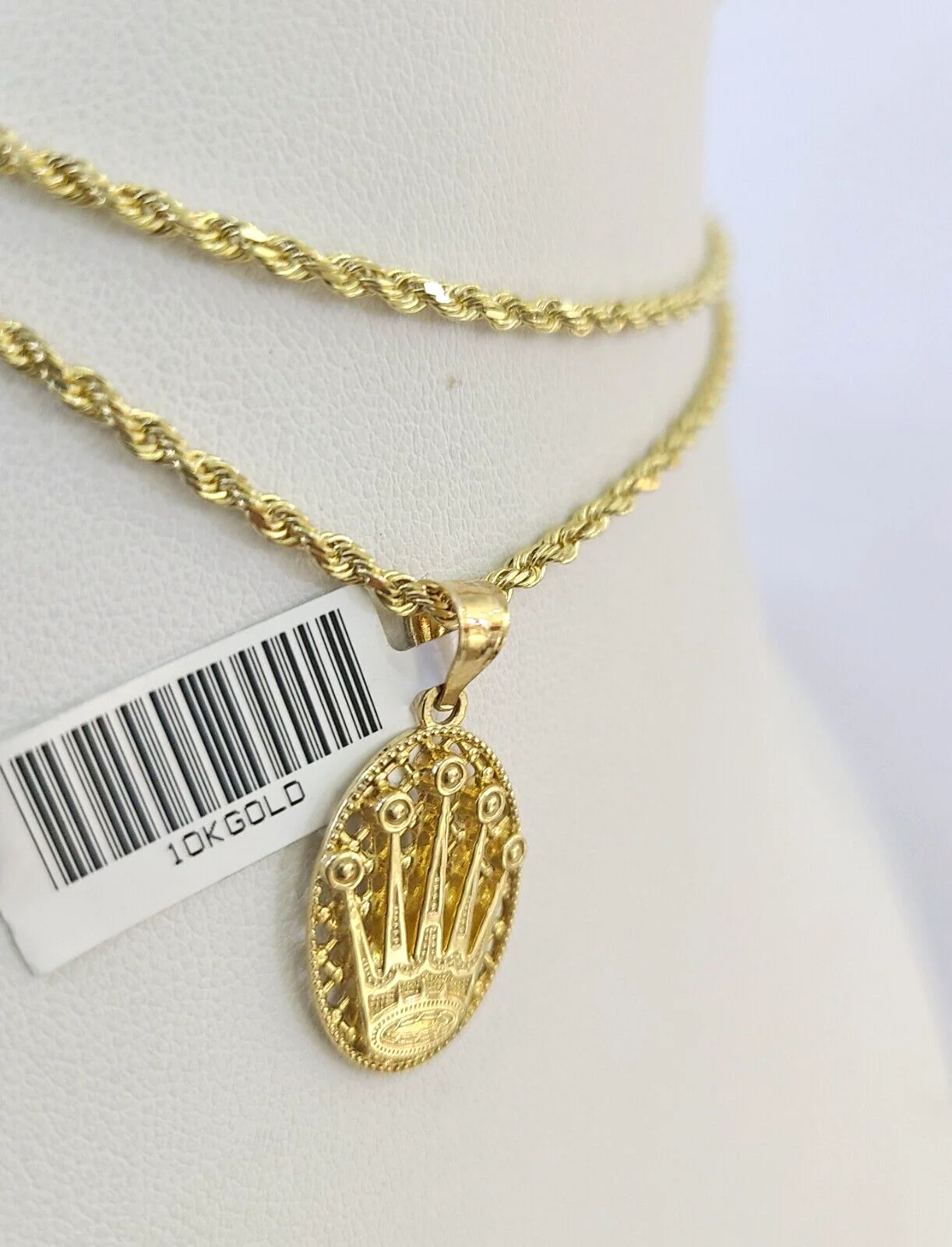 10k Solid Rope Chain Crown Pendant Charm Necklace 18-24" SET 2mm - Image 6