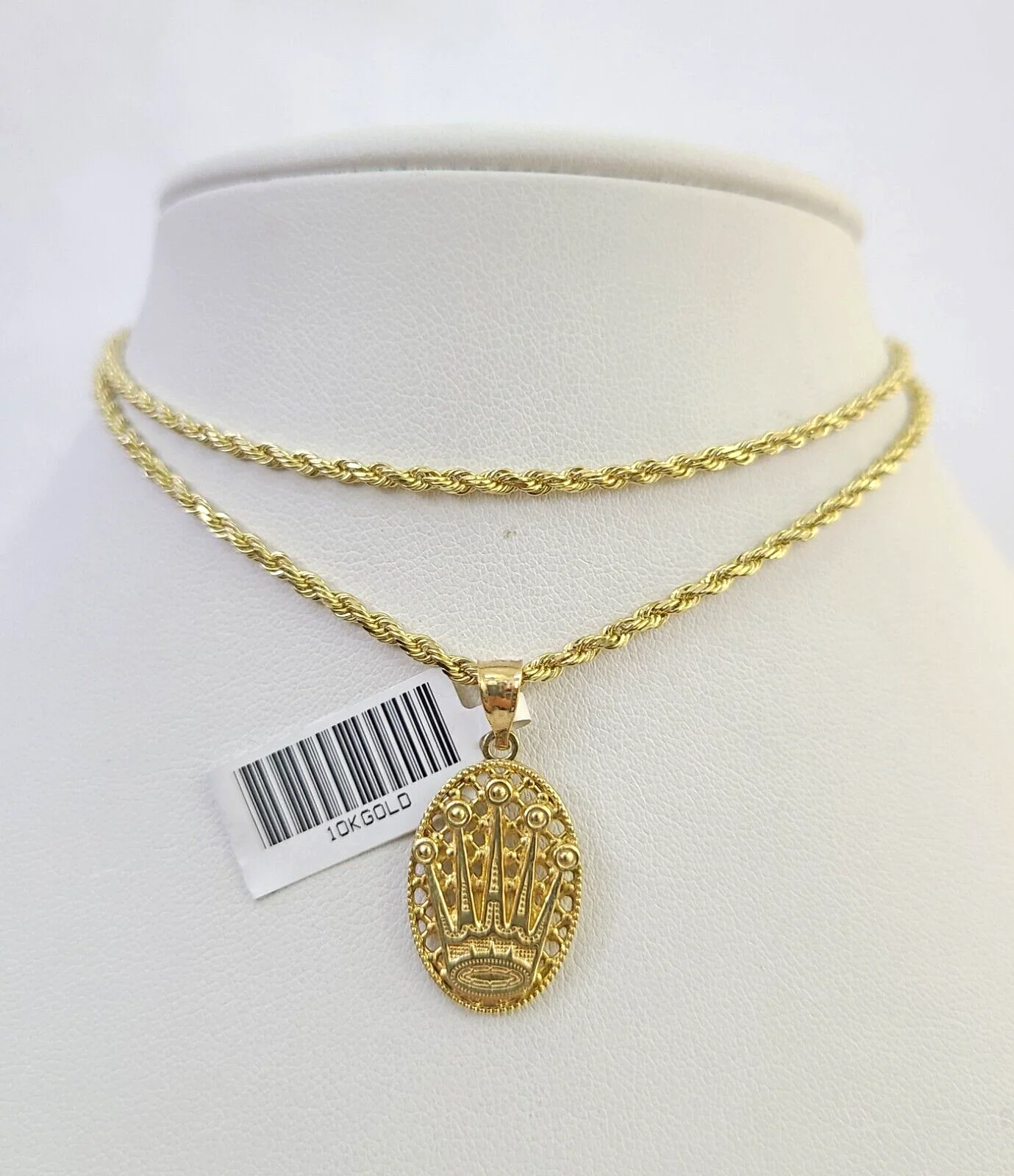 10k Solid Rope Chain Crown Pendant Charm Necklace 18-24" SET 2mm - Image 7