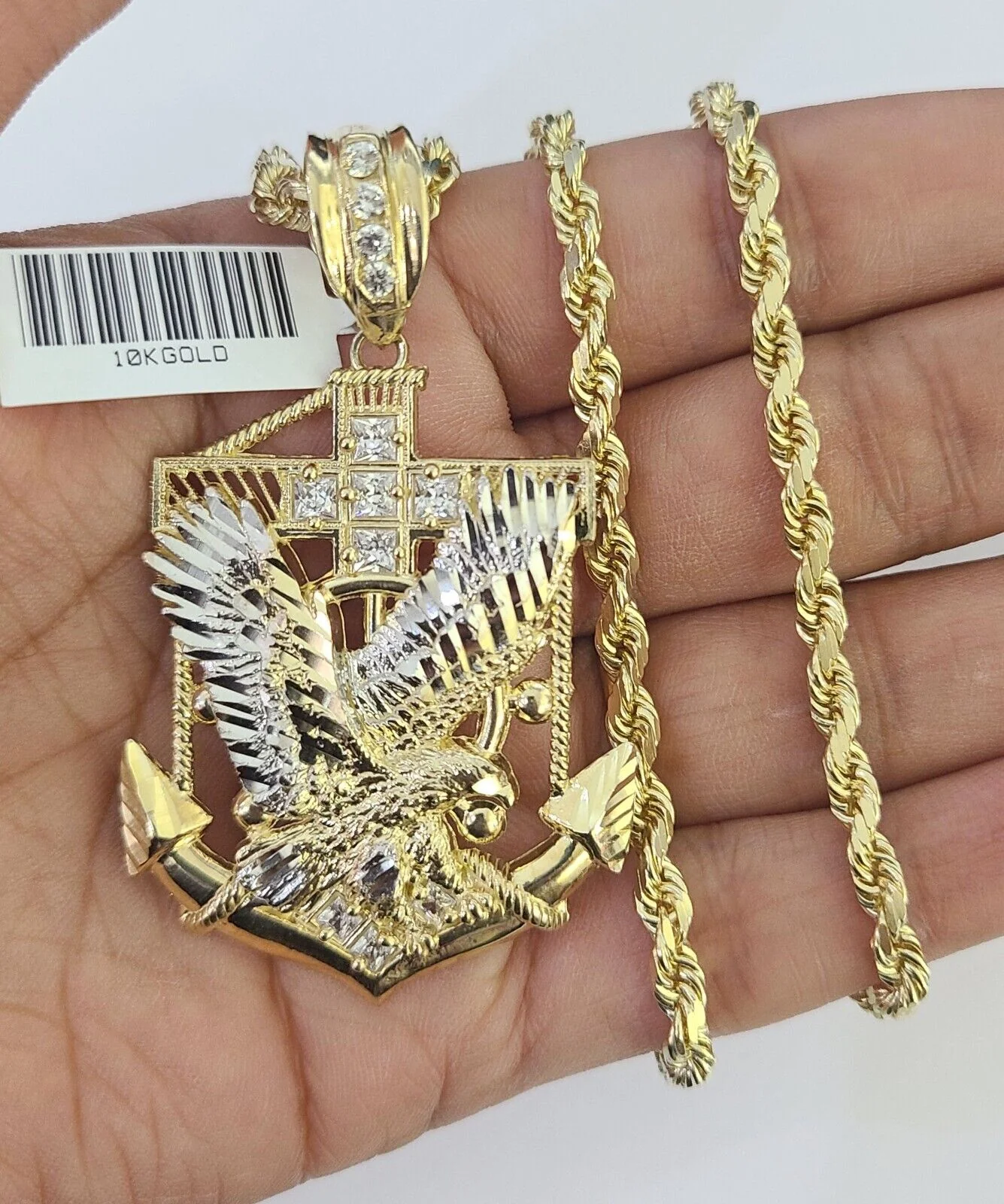 10k Solid Rope Chain Eagle Anchor Charm Set 4mm 18"-30" Necklace Gold Pendant - Image 3