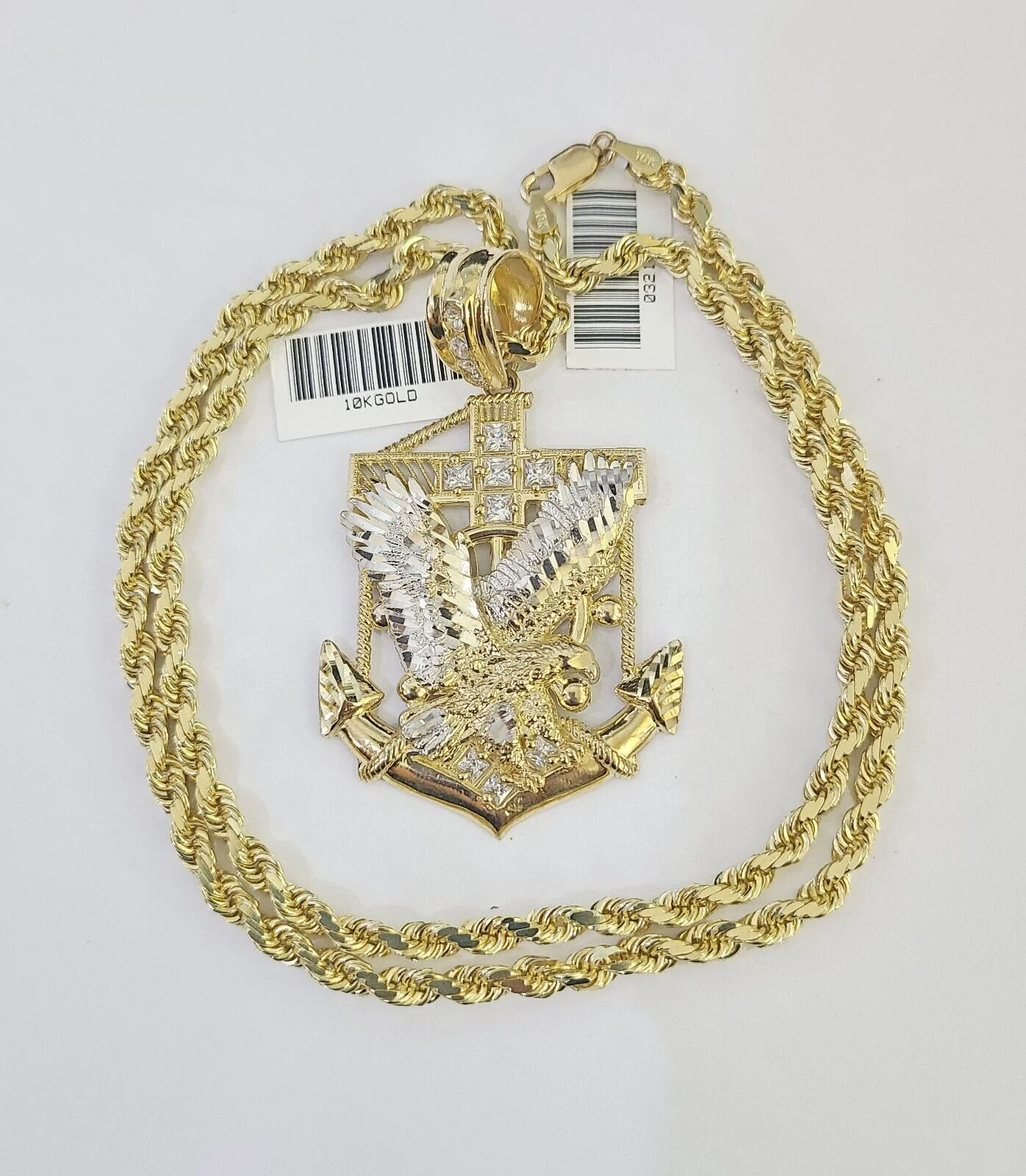 10k Solid Rope Chain Eagle Anchor Charm Set 4mm 18"-30" Necklace Gold Pendant - Image 4