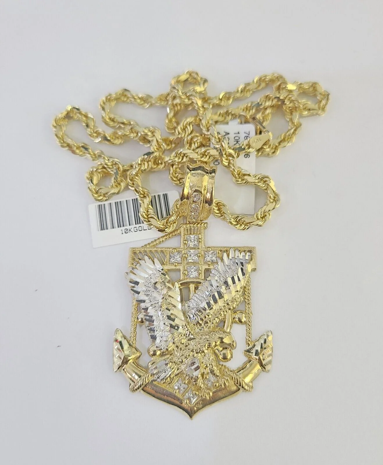 10k Solid Rope Chain Eagle Anchor Charm Set 4mm 18"-30" Necklace Gold Pendant - Image 5