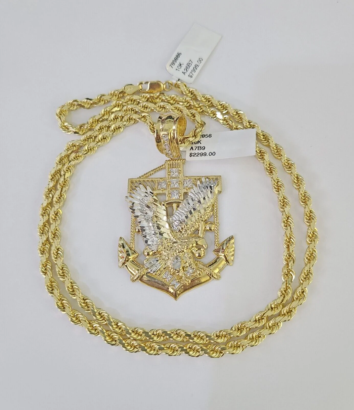 10k Solid Rope Chain Eagle Anchor Charm Set 4mm 20"-28" Necklace Gold Yellow - Image 2