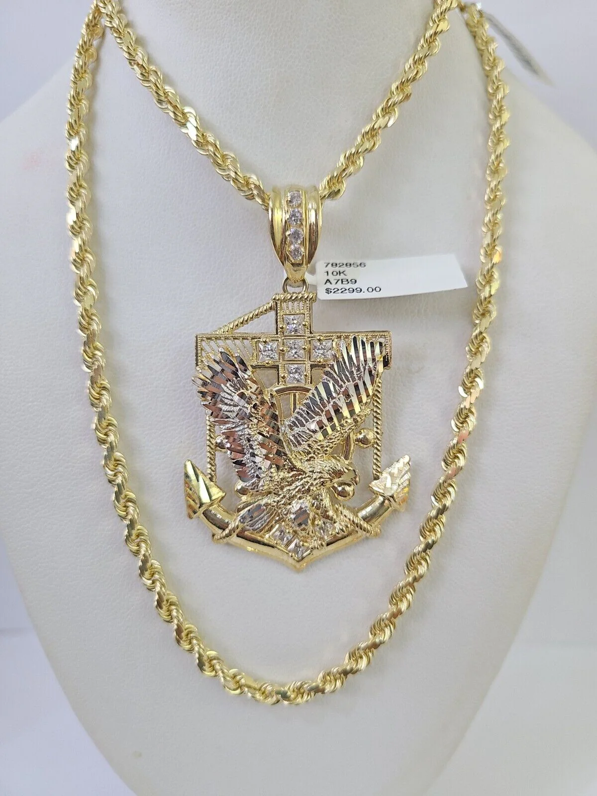 10k Solid Rope Chain Eagle Anchor Charm Set 4mm 20"-28" Necklace Gold Yellow - Image 5