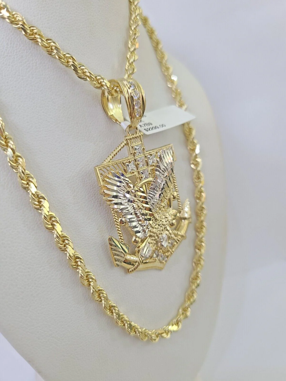 10k Solid Rope Chain Eagle Anchor Charm Set 4mm 20"-28" Necklace Gold Yellow - Image 6