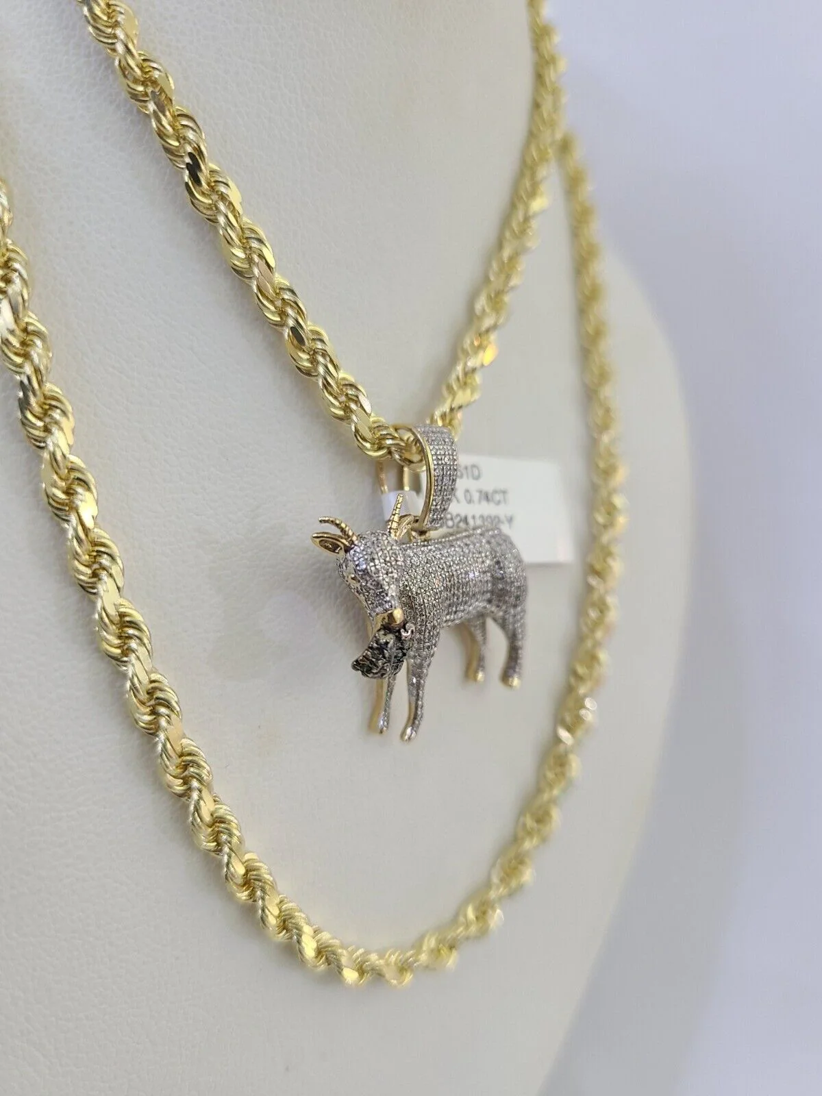 10k Solid Rope Chain Goat Charm Diamond Set 4mm 20"-28" Necklace Gold Yellow - Image 2