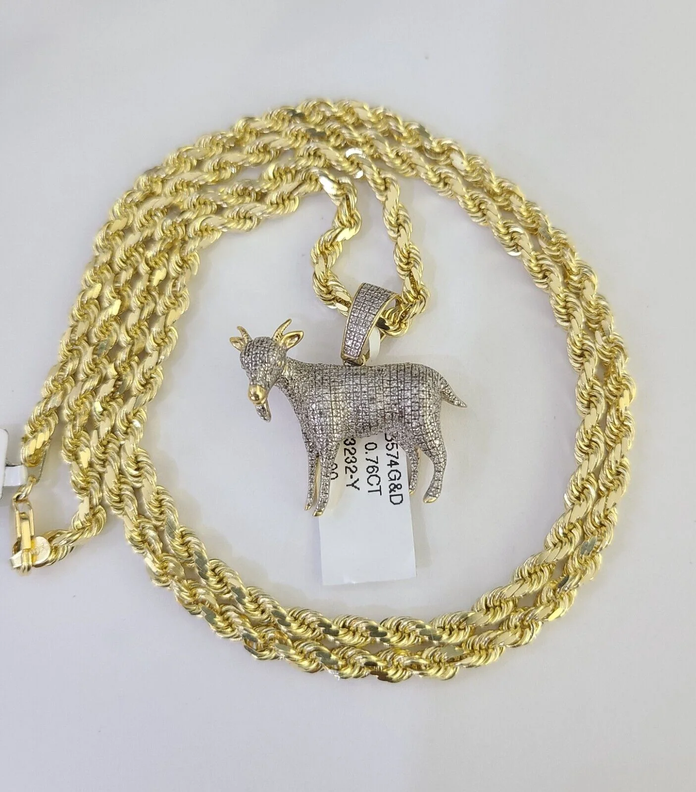 10k Solid Rope Chain Goat Charm Diamond Set 4mm 20"-28" Necklace Gold Yellow