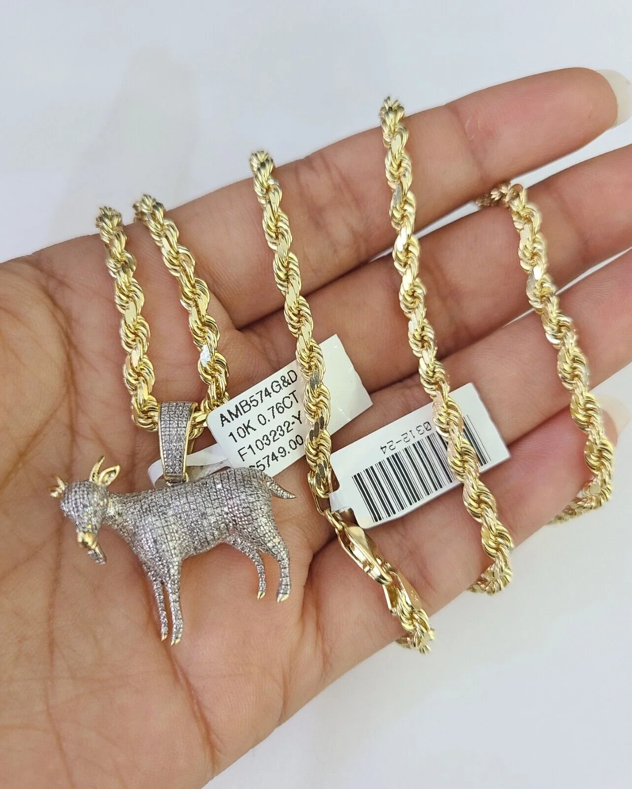 10k Solid Rope Chain Goat Charm Diamond Set 4mm 20"-28" Necklace Gold Yellow - Image 2