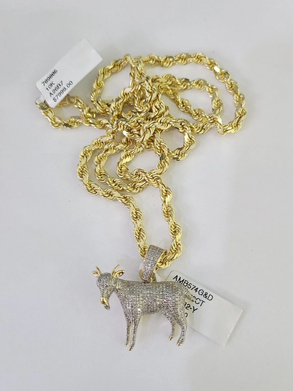 10k Solid Rope Chain Goat Charm Diamond Set 4mm 20"-28" Necklace Gold Yellow - Image 3