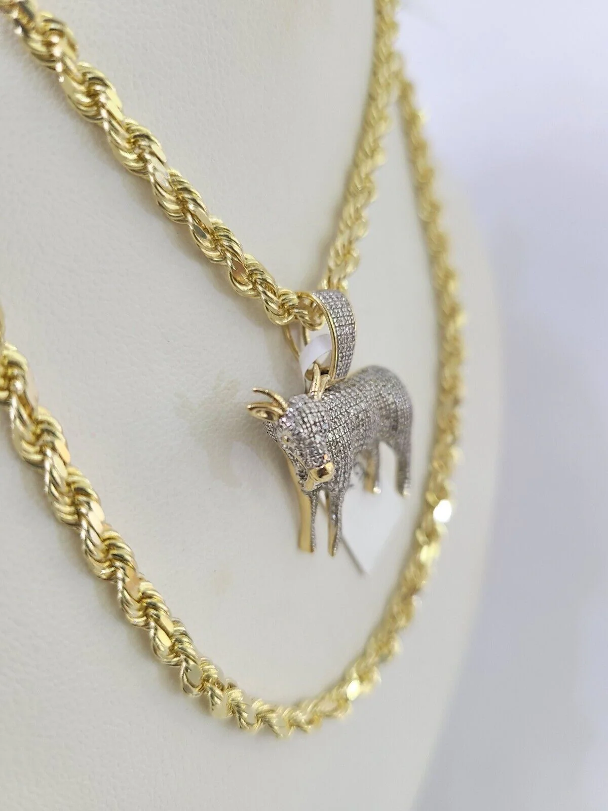 10k Solid Rope Chain Goat Charm Diamond Set 4mm 20"-28" Necklace Gold Yellow - Image 6