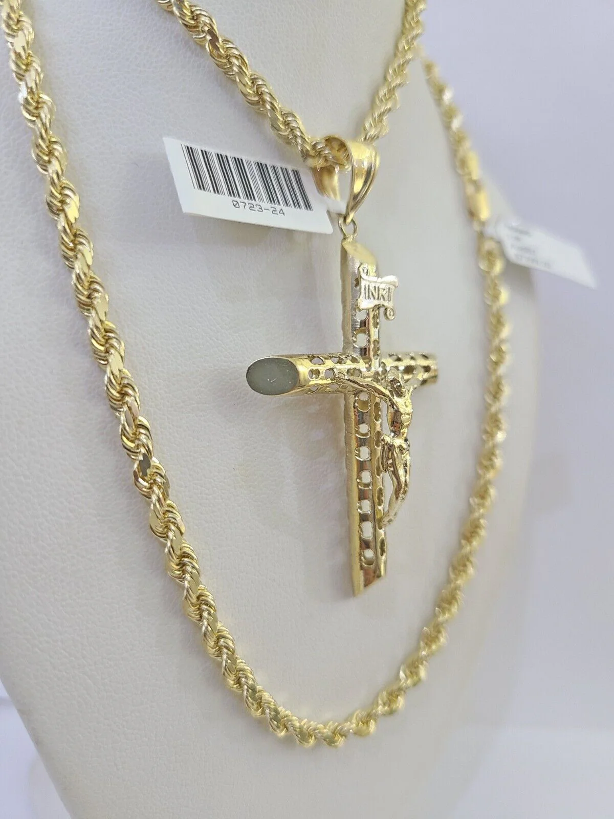 10k Solid Rope Chain INRI Jesus Cross Charm Set 4mm 20"-28" Necklace Gold Yellow - Image 4