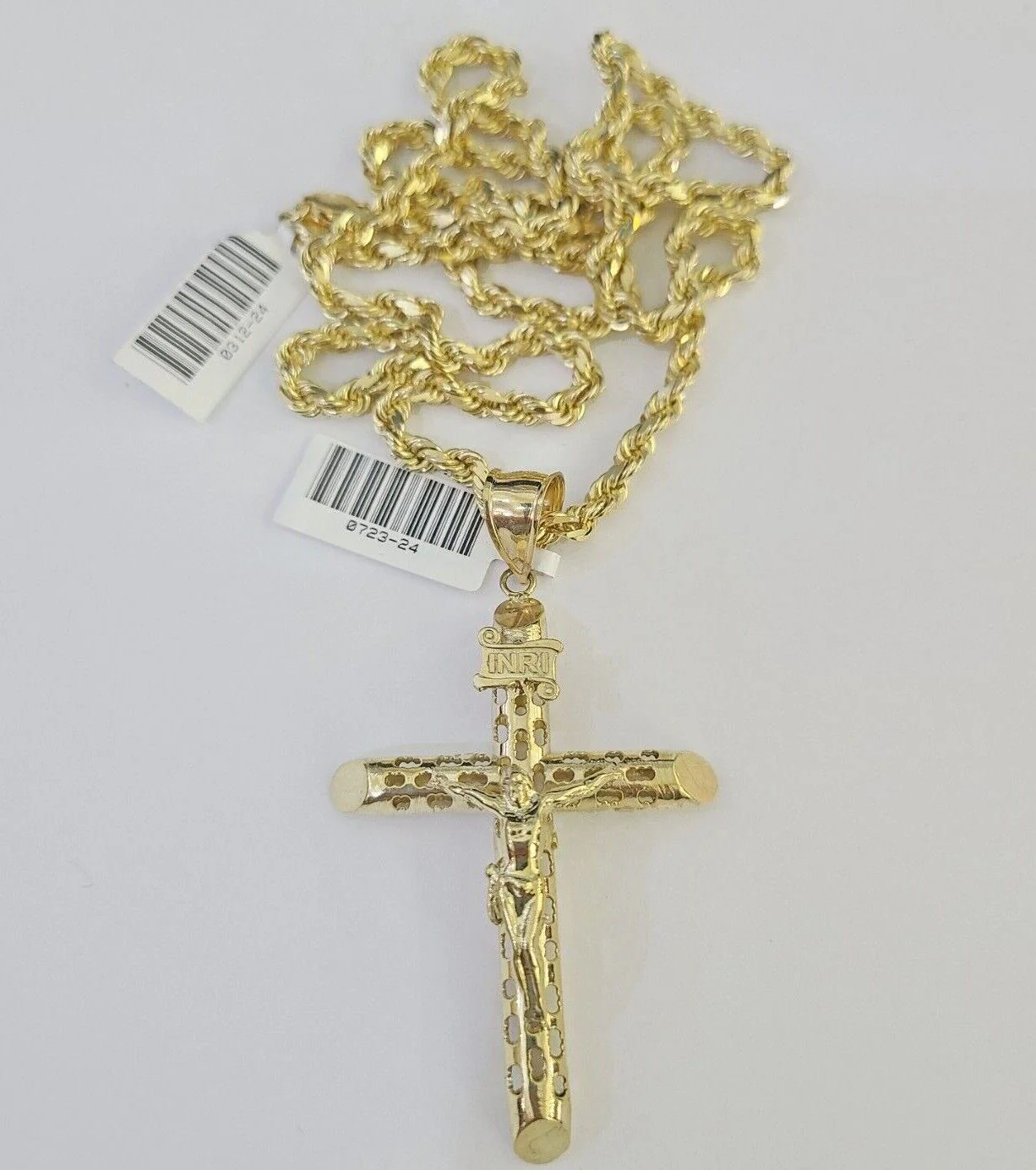 10k Solid Rope Chain INRI Jesus Cross Charm Set 4mm 20"-28" Necklace Gold Yellow - Image 5