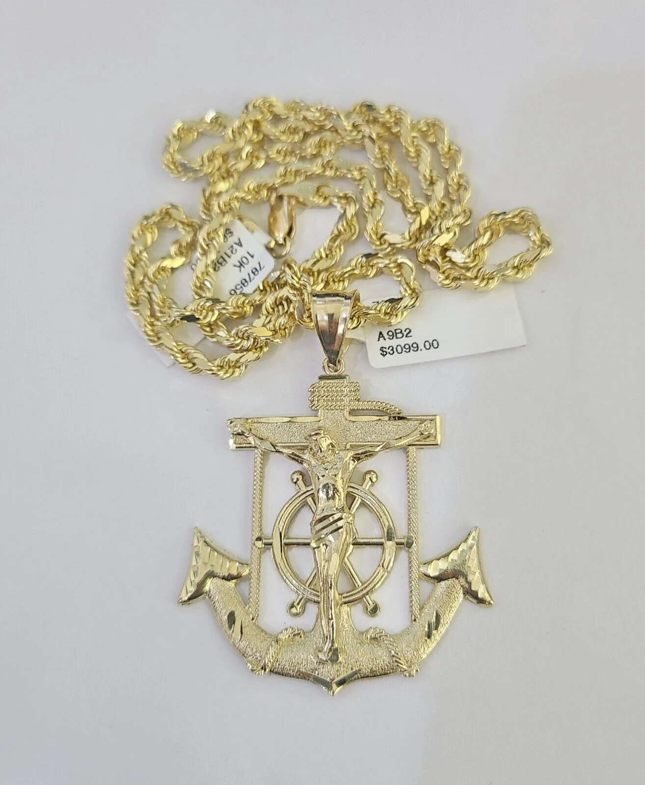 10k Solid Rope Chain Jesus Anchor Charm Set 4mm 18"-30" Necklace Gold Pendant - Image 4