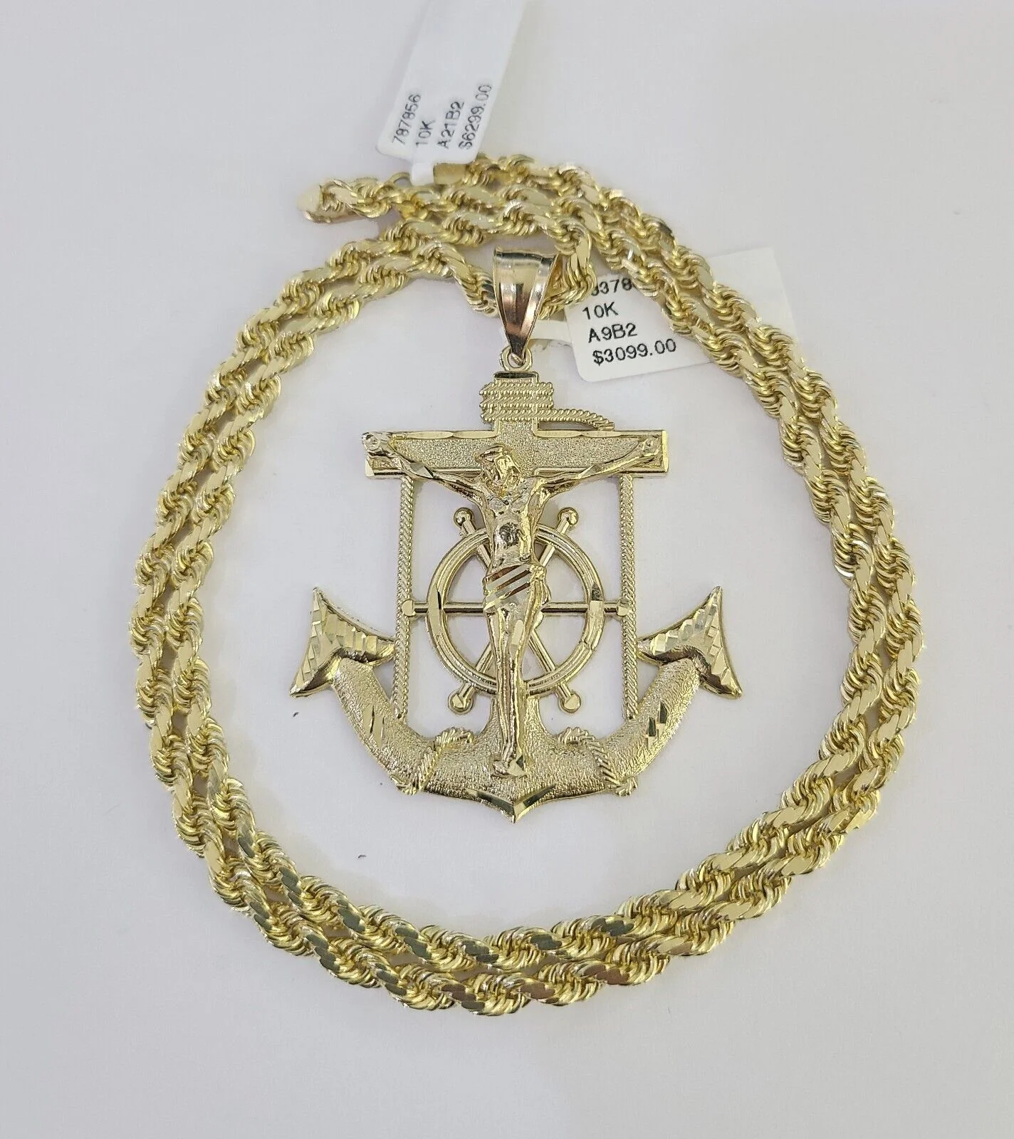 10k Solid Rope Chain Jesus Anchor Charm Set 4mm 18"-30" Necklace Gold Pendant - Image 5