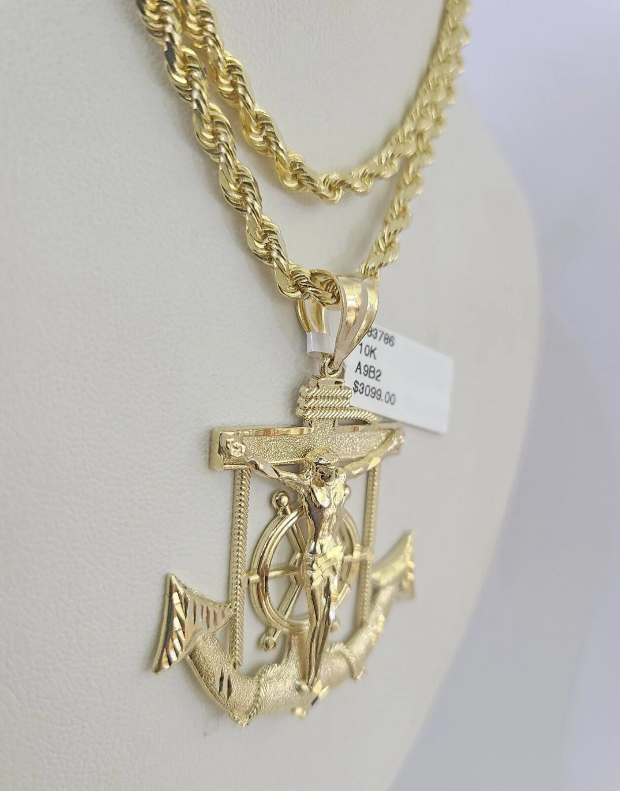 10k Solid Rope Chain Jesus Anchor Charm Set 4mm 18"-30" Necklace Gold Pendant - Image 6