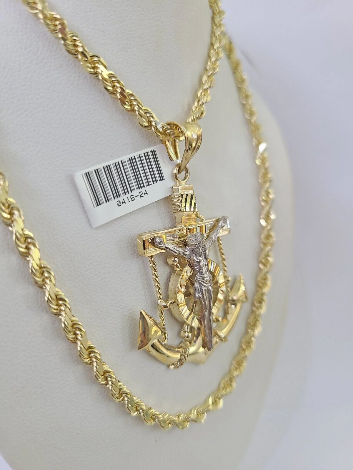 10k Solid Rope Chain Jesus Anchor Charm Set 4mm 20"-28" Necklace Gold Yellow - Image 2