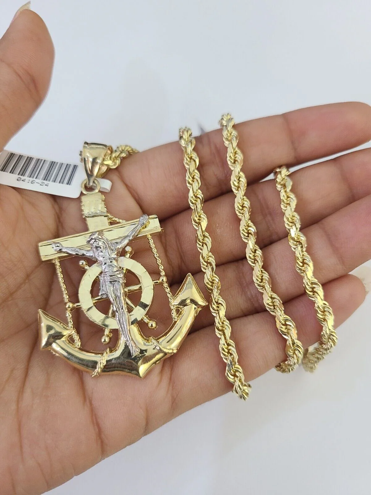 10k Solid Rope Chain Jesus Anchor Charm Set 4mm 20"-28" Necklace Gold Yellow - Image 3