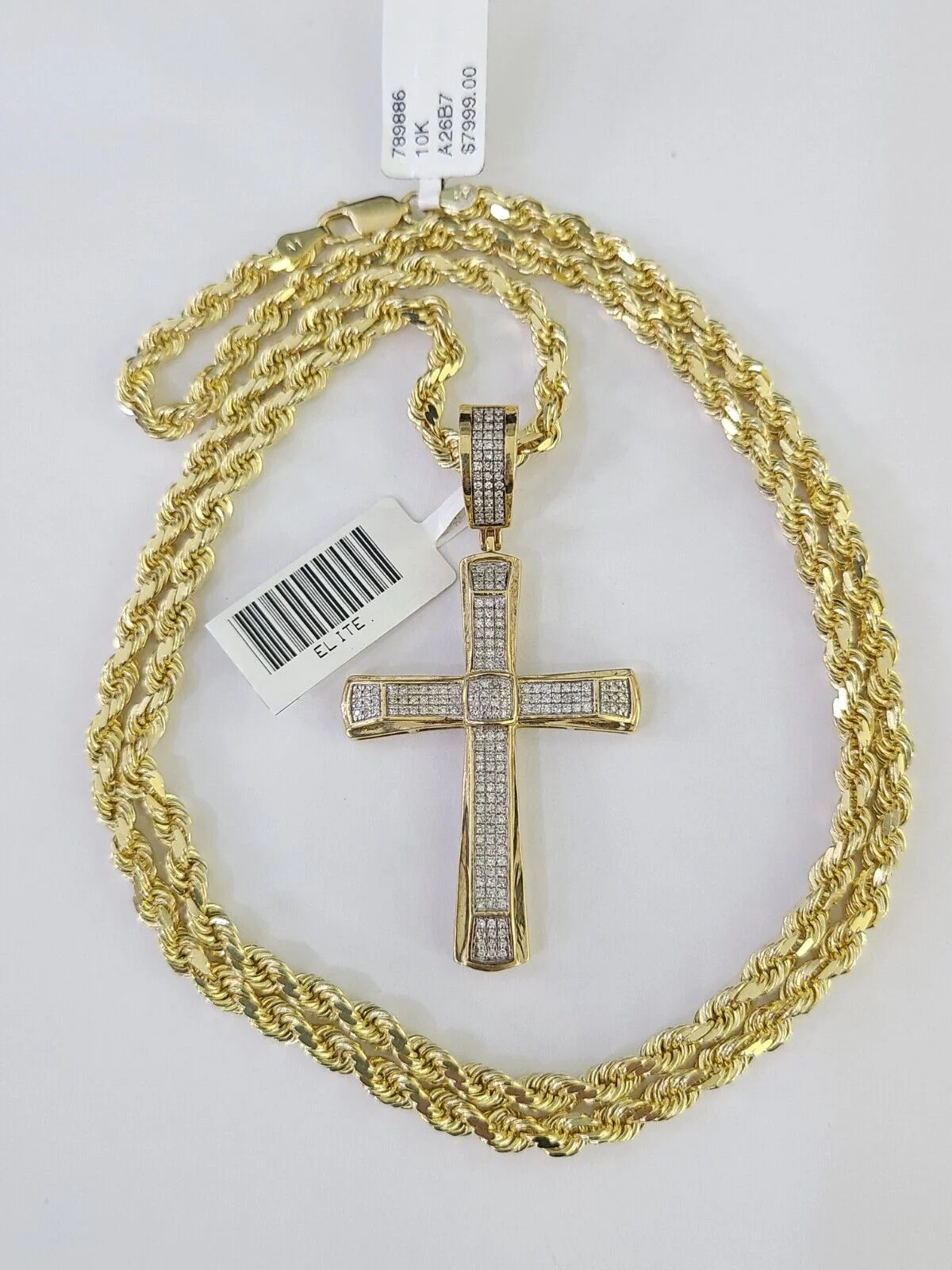 10k Solid Rope Chain Jesus Cross Charm Diamond Set 4mm 20"-28" Necklace Gold - Image 2