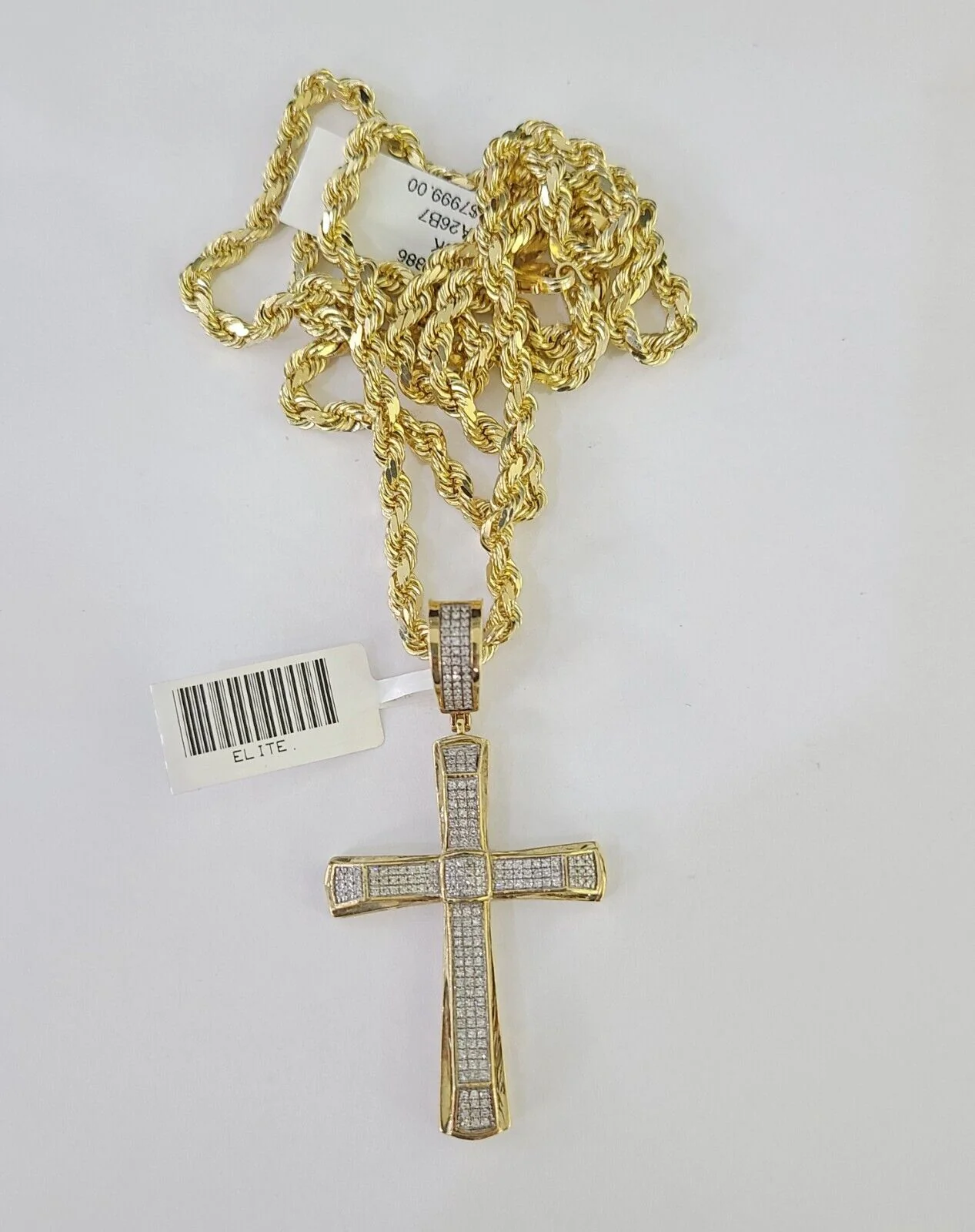 10k Solid Rope Chain Jesus Cross Charm Diamond Set 4mm 20"-28" Necklace Gold - Image 3