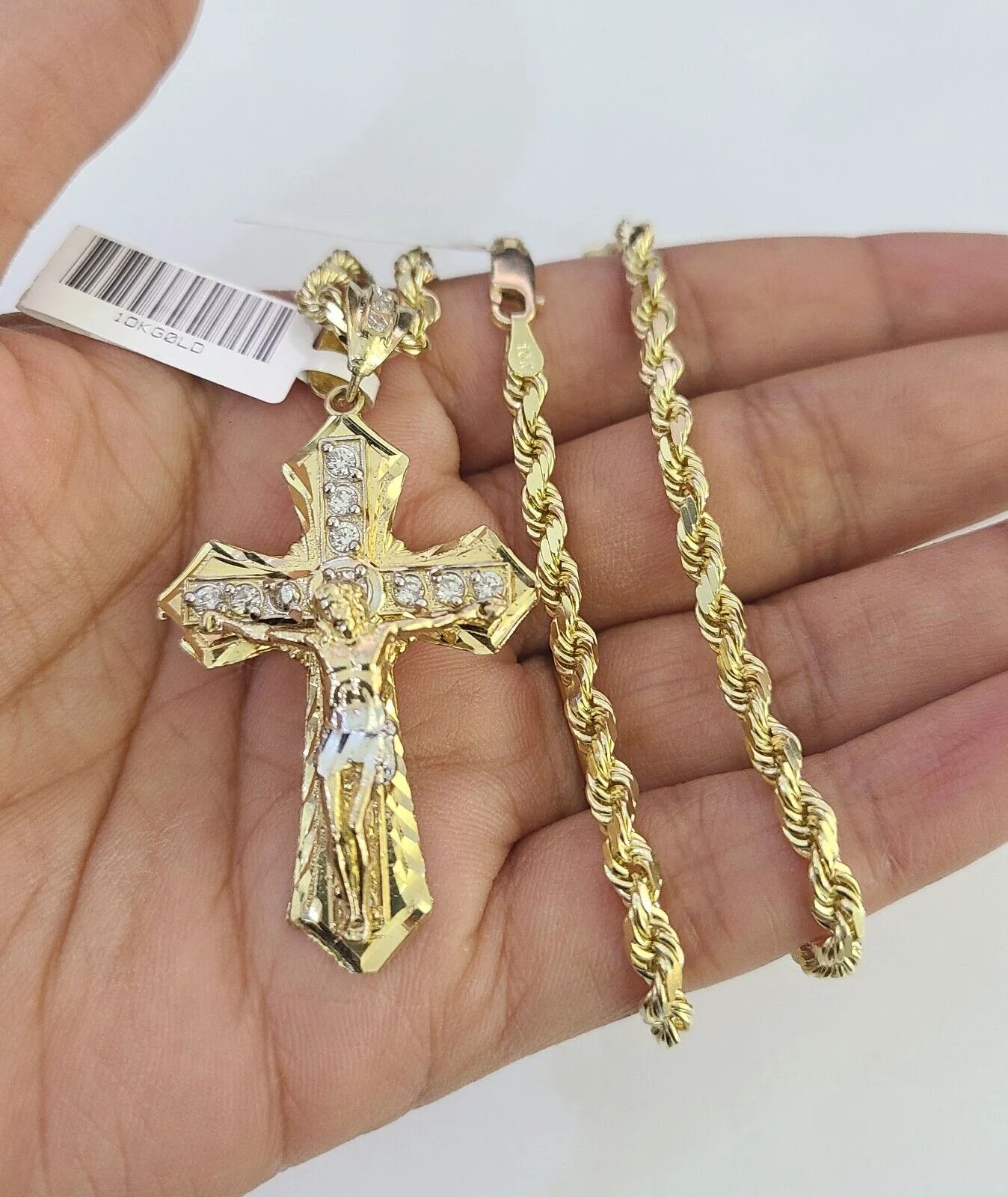 10k Solid Rope Chain Jesus Cross Charm Set 4mm 18"-30" Necklace Gold Pendant - Image 3
