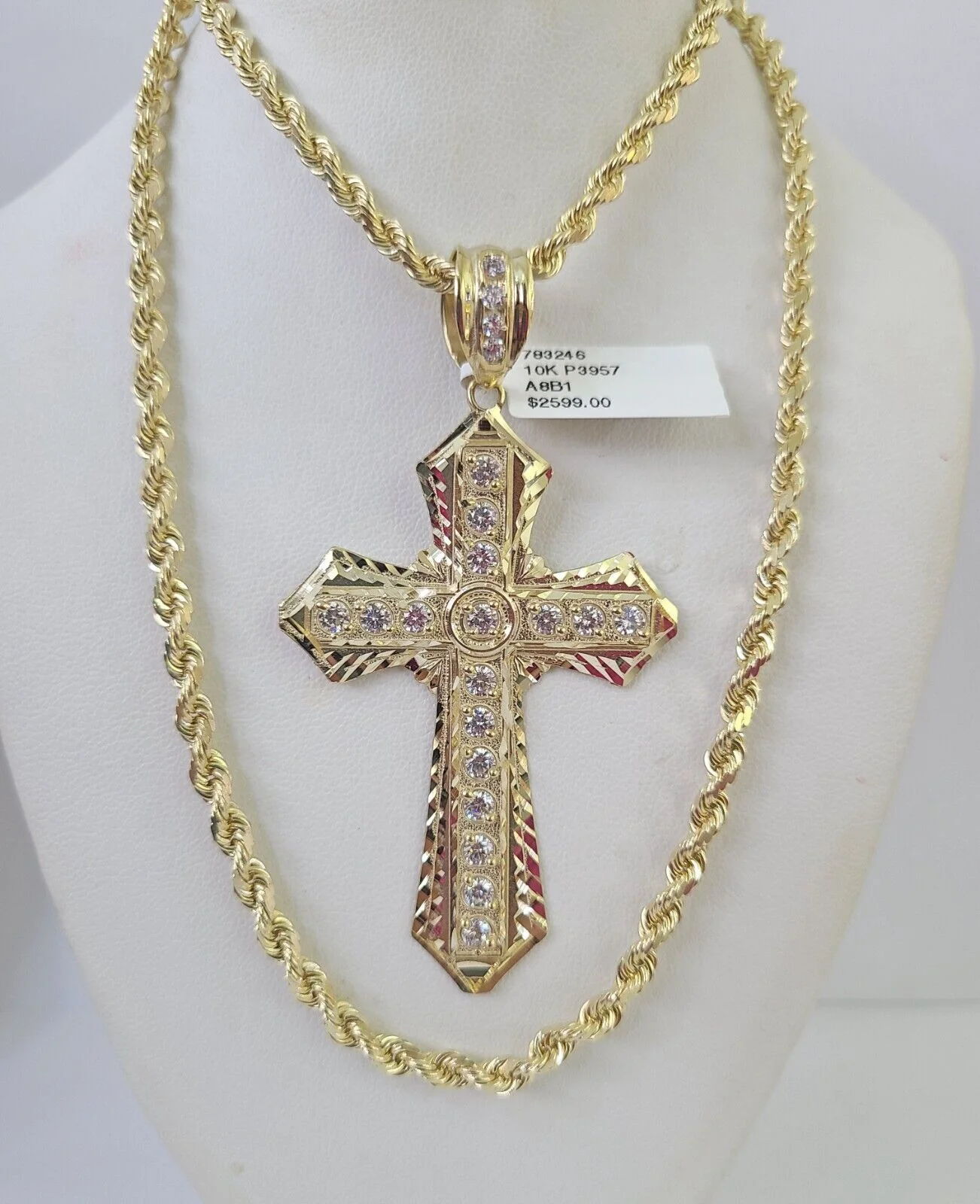 10k Solid Rope Chain Jesus Cross Charm Set 4mm 20"-28" Necklace Gold Yellow - Image 3