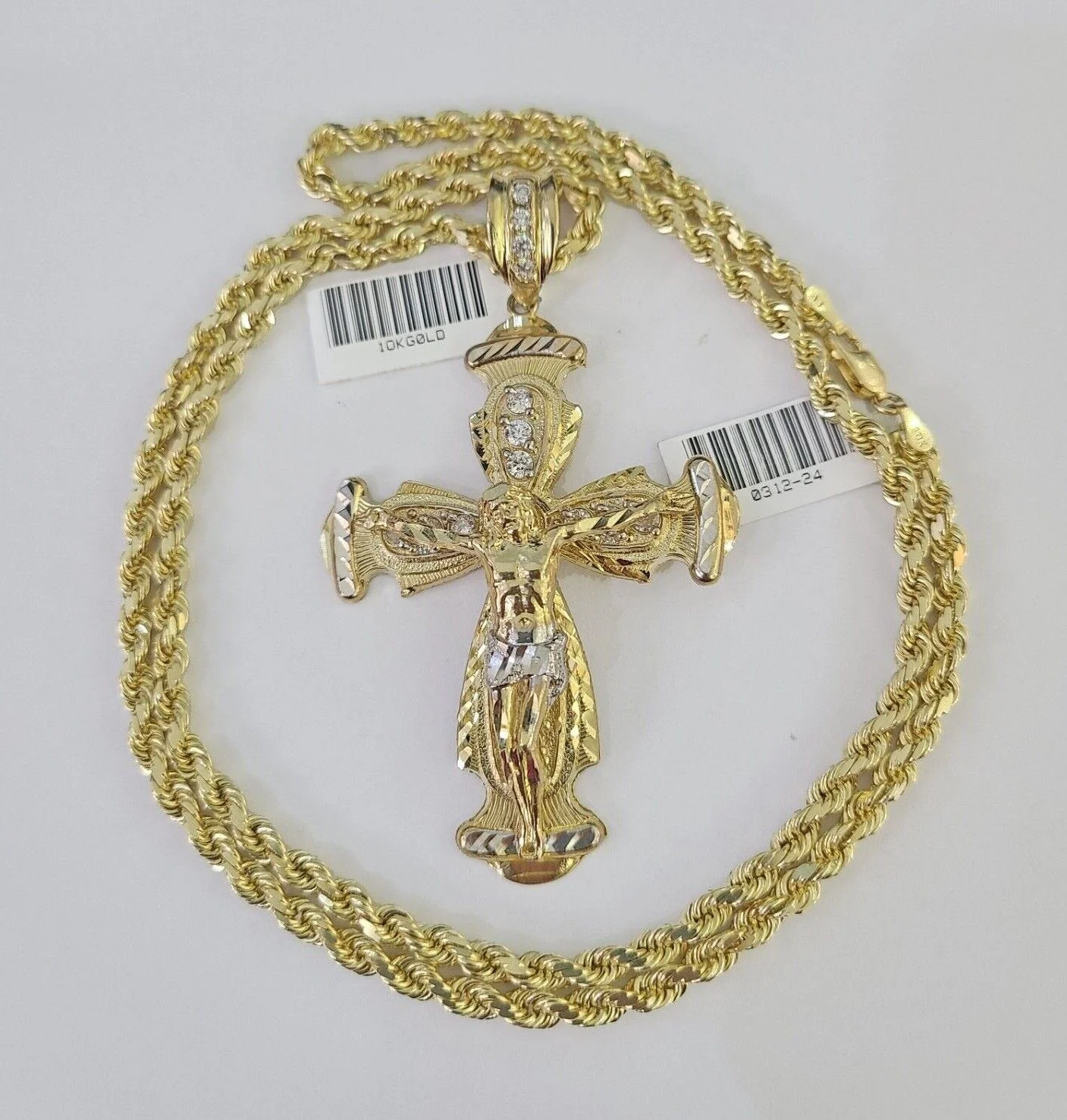 10k Solid Rope Chain Jesus Cross Charm Set 4mm 20"-28" Necklace Gold Yellow - Image 2