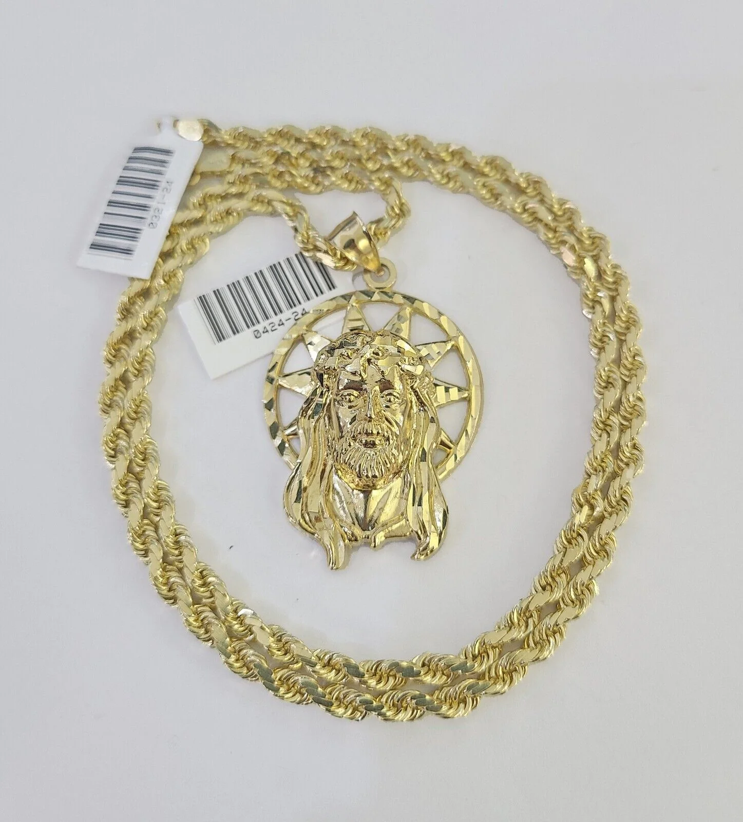 10k Solid Rope Chain Jesus Head Charm Set 4mm 18"-30" Necklace Gold Pendant - Image 2