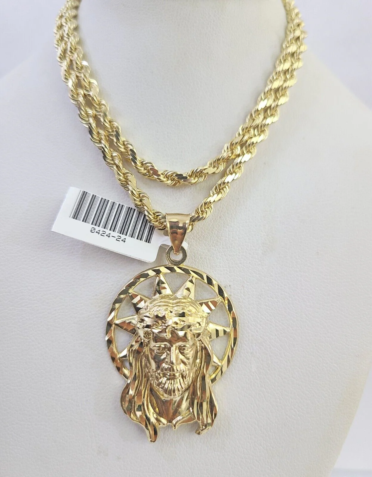 10k Solid Rope Chain Jesus Head Charm Set 4mm 18"-30" Necklace Gold Pendant - Image 3