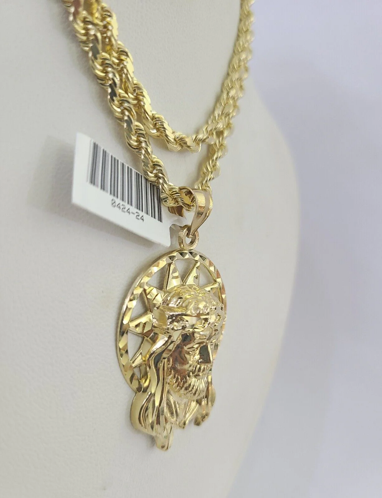 10k Solid Rope Chain Jesus Head Charm Set 4mm 18"-30" Necklace Gold Pendant - Image 6