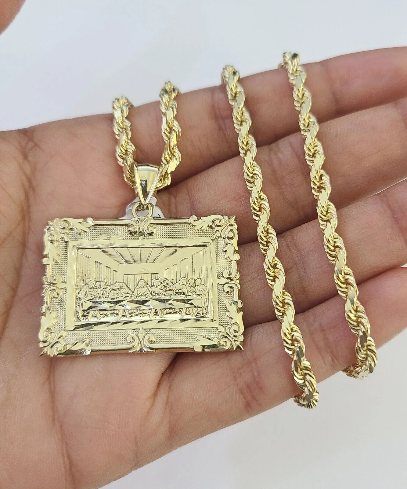 10k Solid Rope Chain Last Supper Charm Set 4mm 18"-30" Necklace Gold Pendant - Image 4