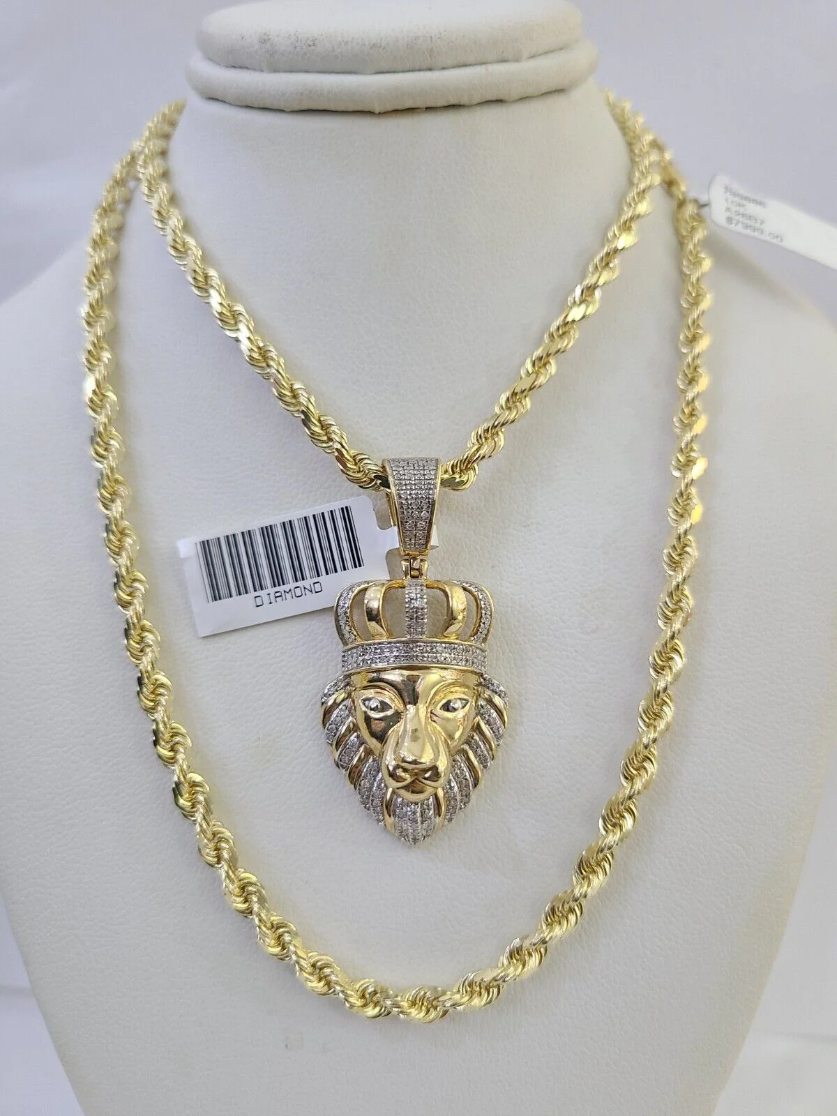10k Solid Rope Chain Lion Charm Diamond Set 4mm 20"-28" Necklace Gold Yellow - Image 2