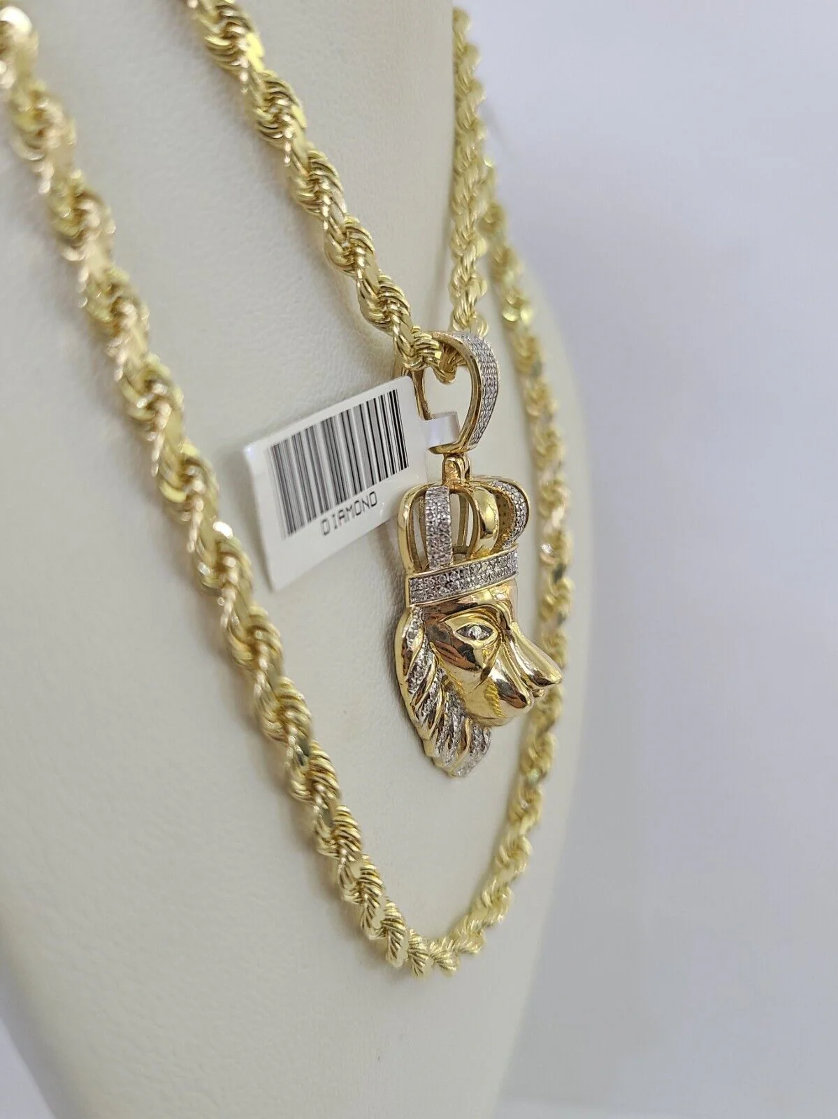 10k Solid Rope Chain Lion Charm Diamond Set 4mm 20"-28" Necklace Gold Yellow - Image 3