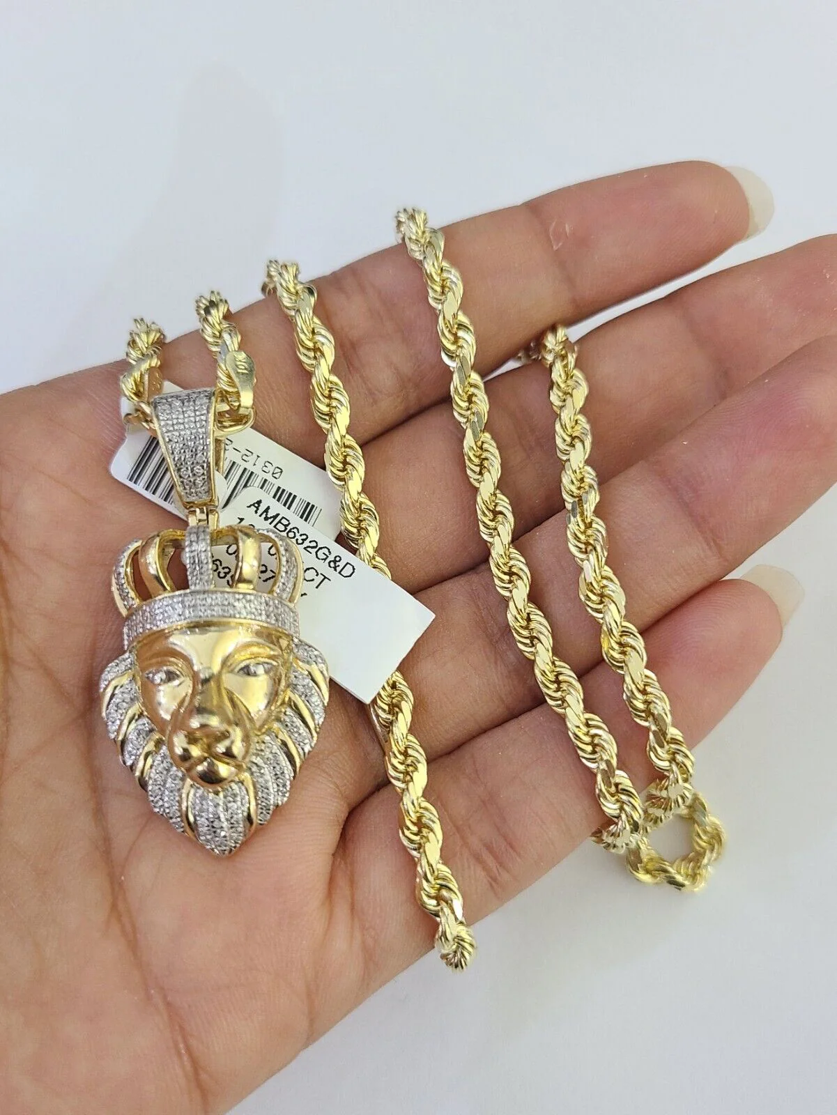 10k Solid Rope Chain Lion Charm Diamond Set 4mm 20"-28" Necklace Gold Yellow - Image 4