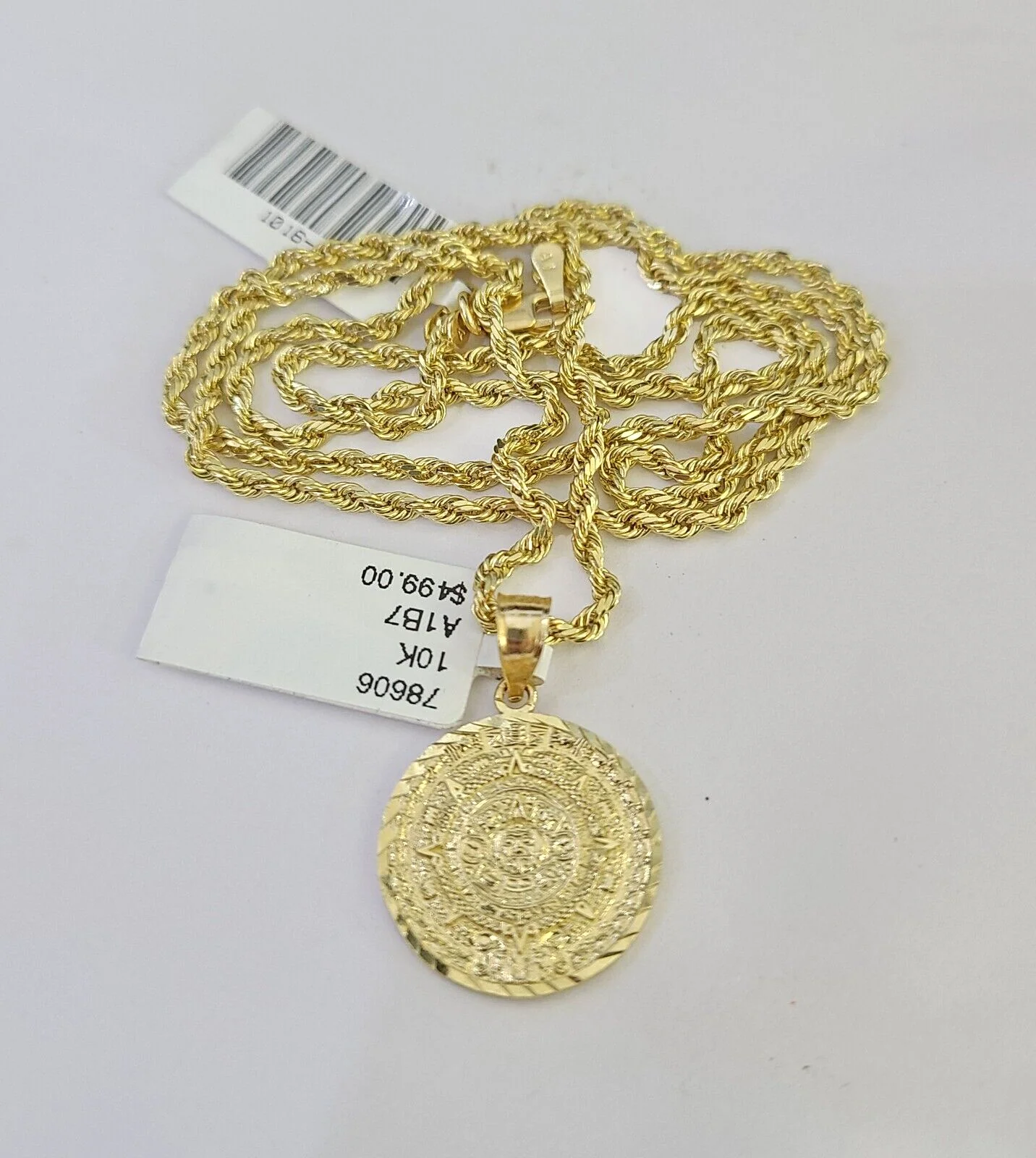 10k Solid Rope Chain Mayan Calendar Pendant Charm Necklace 18-24" SET 2mm - Image 2