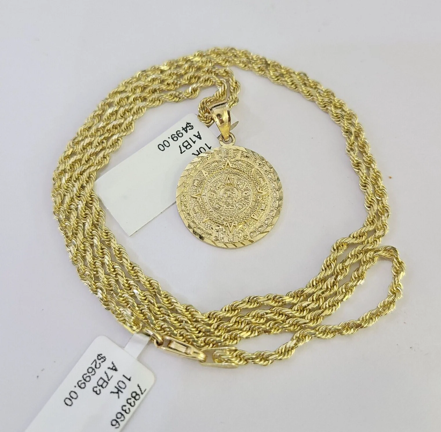 10k Solid Rope Chain Mayan Calendar Pendant Charm Necklace 18-24" SET 2mm - Image 4