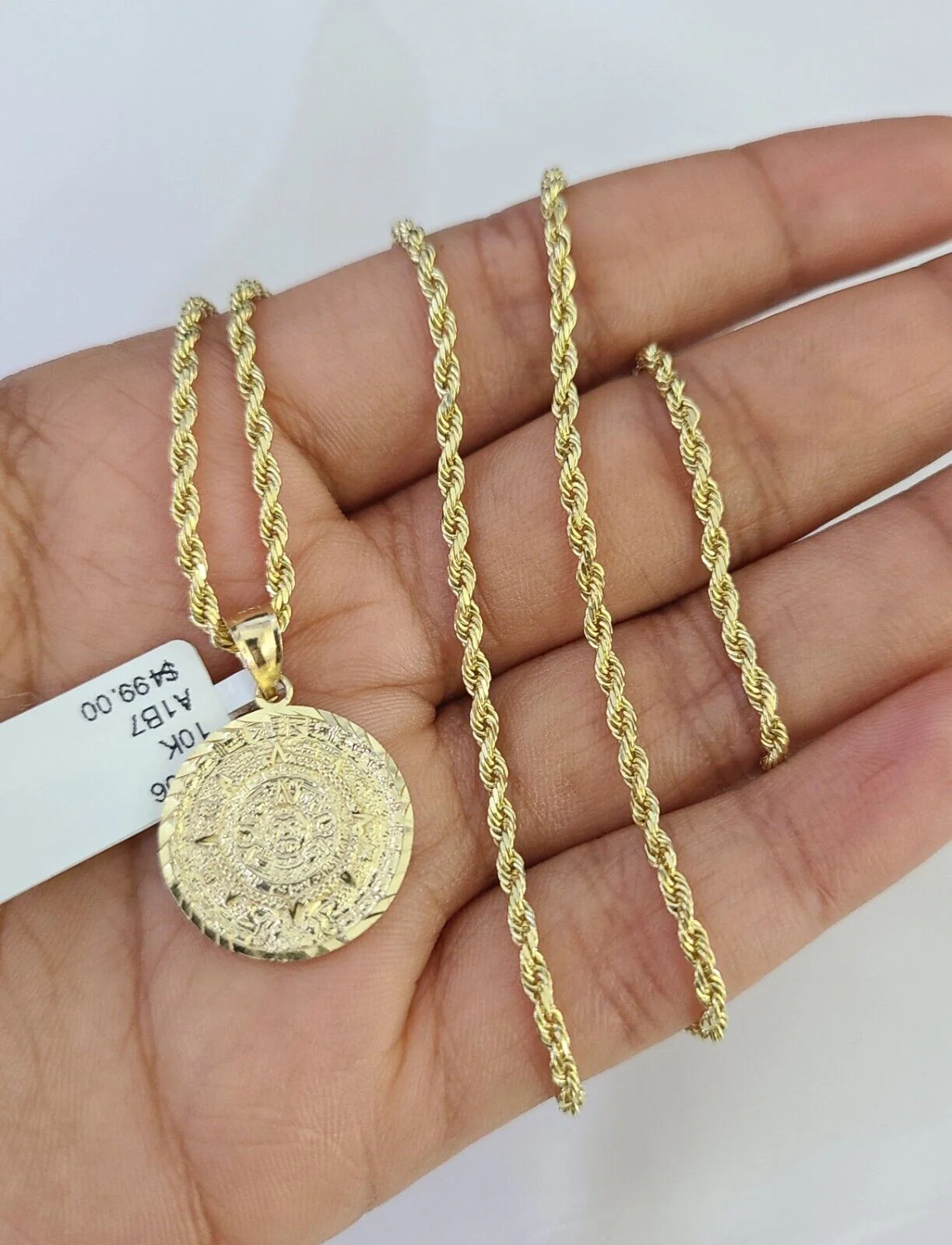 10k Solid Rope Chain Mayan Calendar Pendant Charm Necklace 18-24" SET 2mm - Image 6