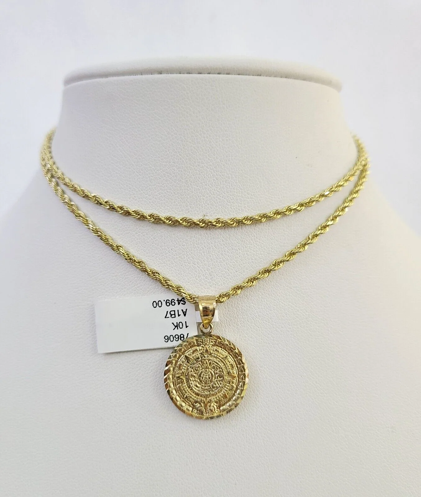 10k Solid Rope Chain Mayan Calendar Pendant Charm Necklace 18-24" SET 2mm - Image 7