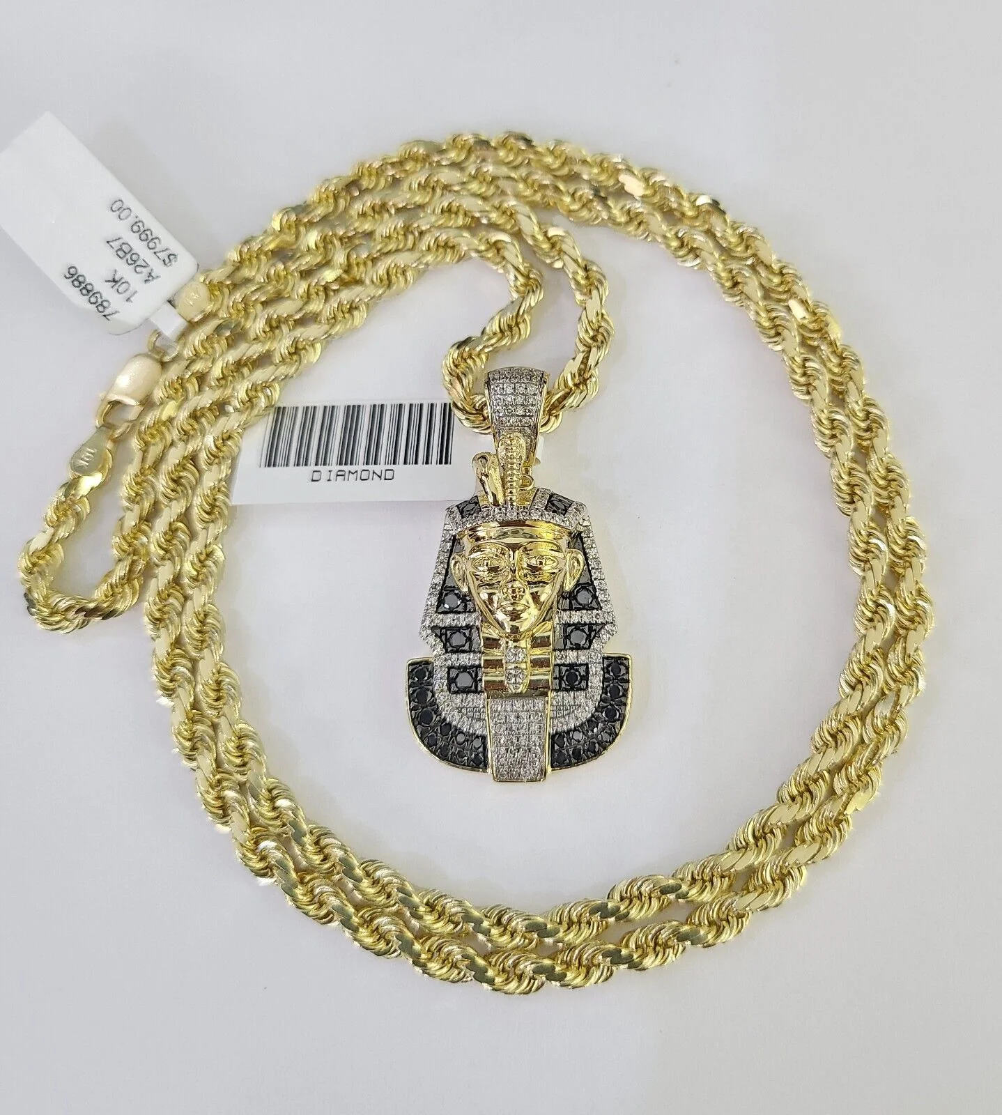 10k Solid Rope Chain Pharaoh Charm Diamond Set 4mm 20"-28" Necklace Gold Yellow - Image 2