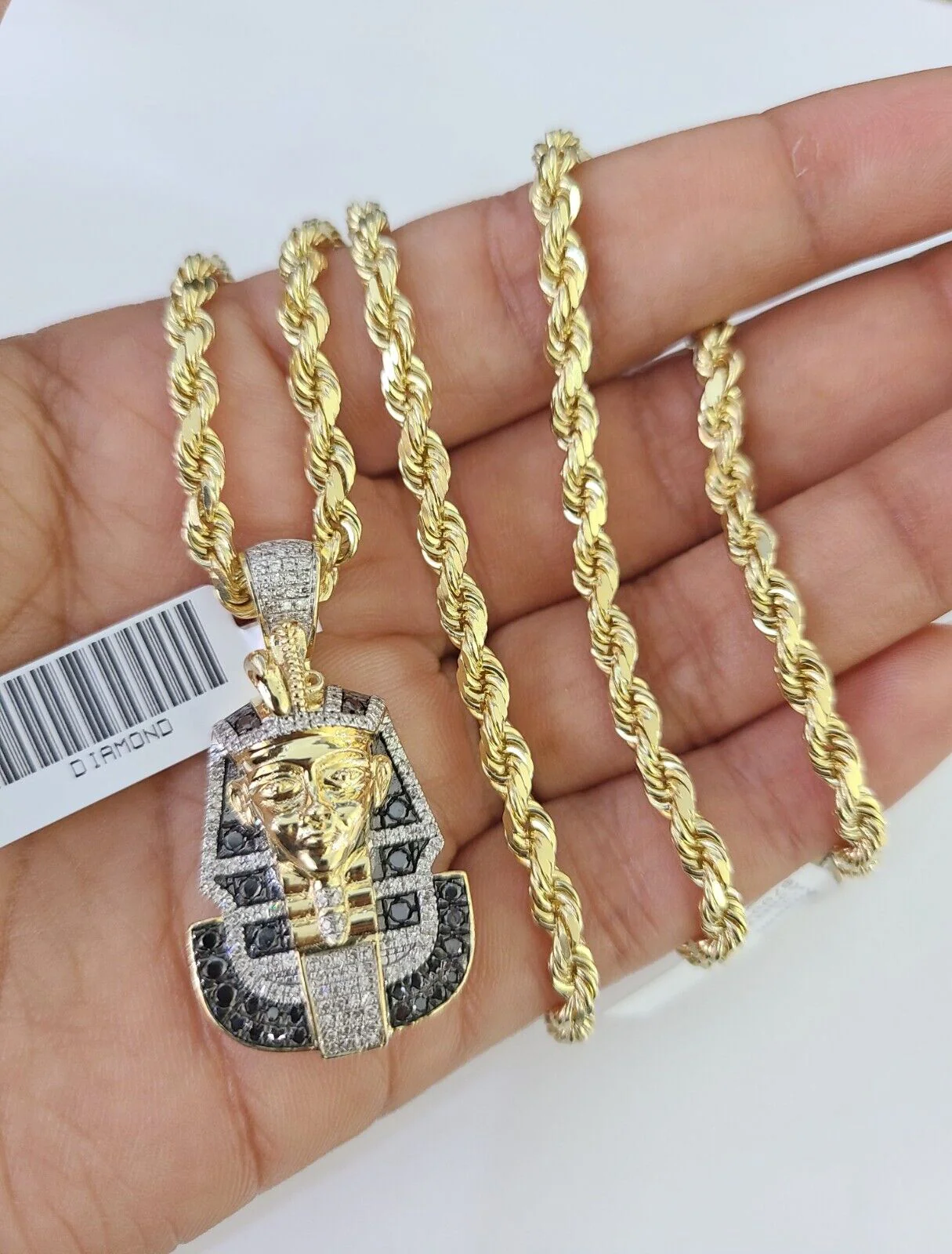 10k Solid Rope Chain Pharaoh Charm Diamond Set 4mm 20"-28" Necklace Gold Yellow - Image 3
