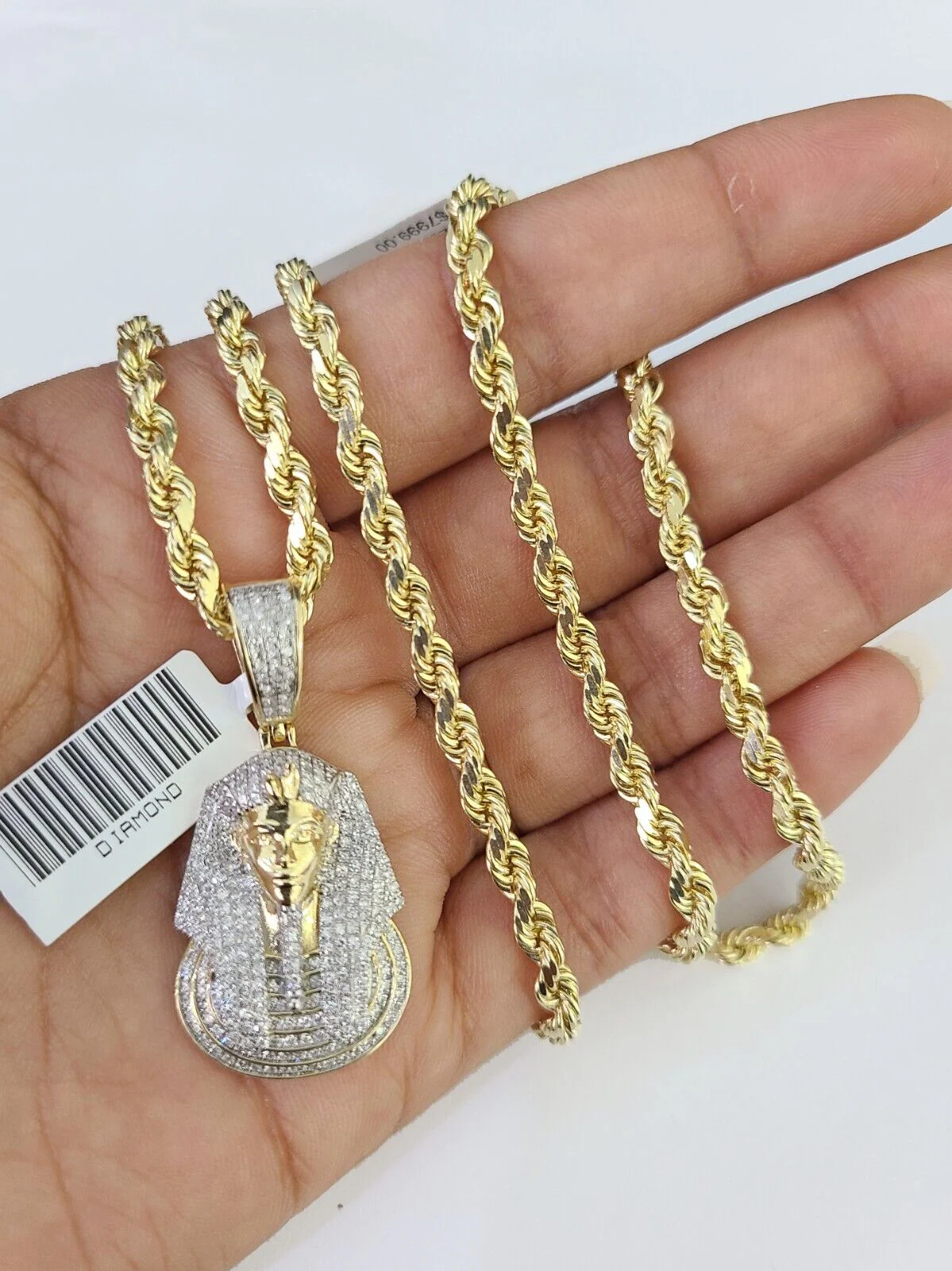 10k Solid Rope Chain Pharaoh Charm Diamond Set 4mm 20"-28" Necklace Gold Yellow - Image 2