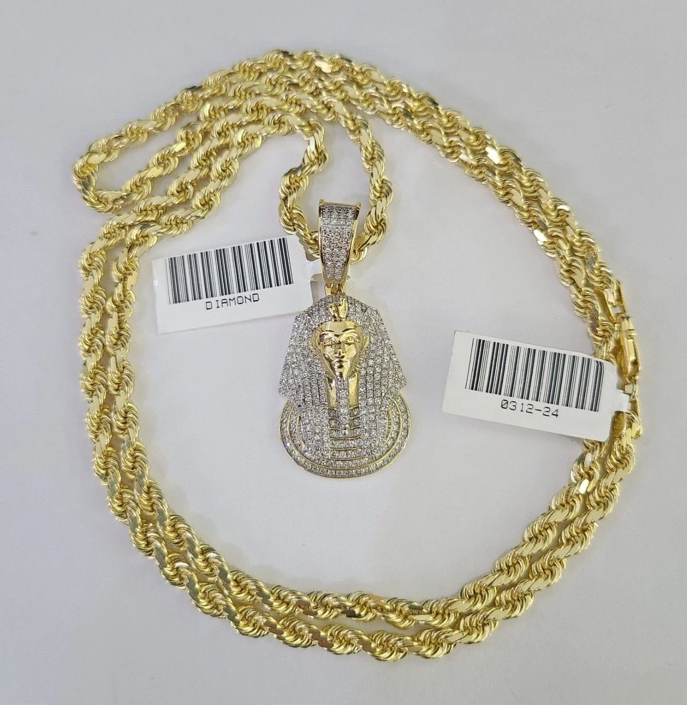 10k Solid Rope Chain Pharaoh Charm Diamond Set 4mm 20"-28" Necklace Gold Yellow - Image 3