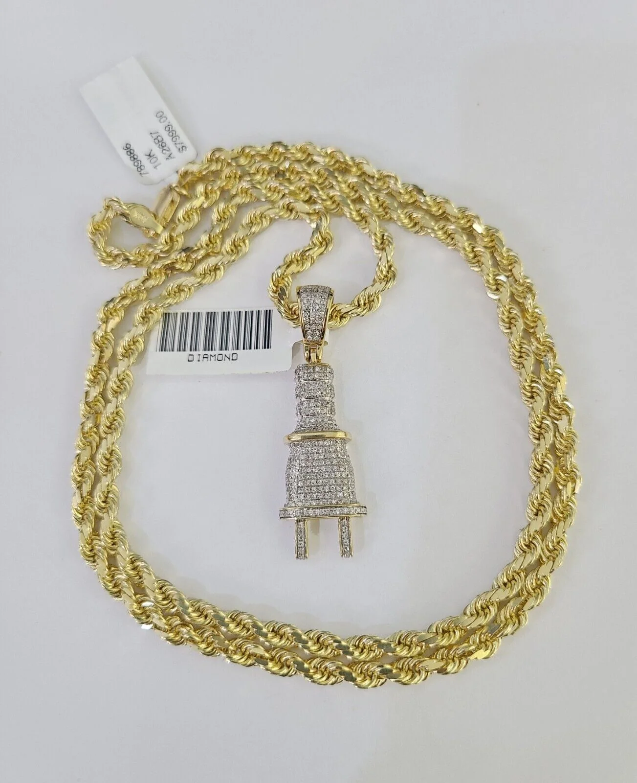10k Solid Rope Chain Plug Socket Charm Diamond Set 4mm 20"-28" Necklace Gold - Image 2