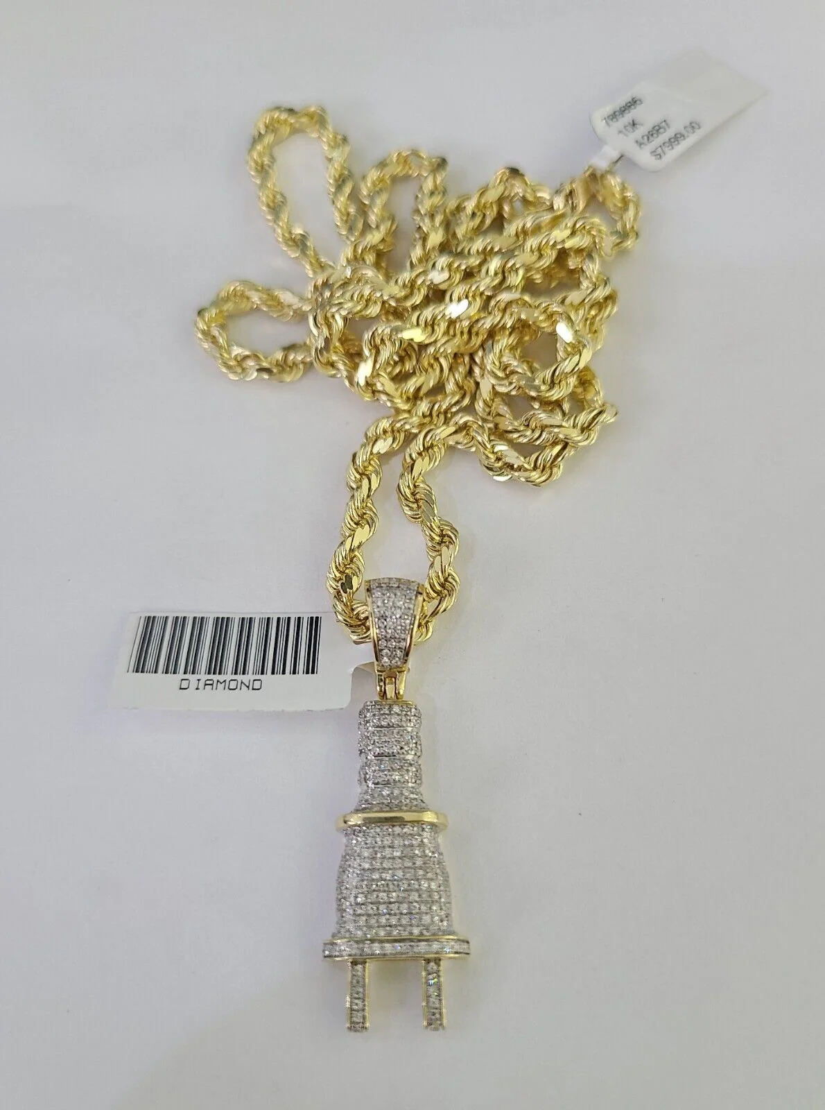 10k Solid Rope Chain Plug Socket Charm Diamond Set 4mm 20"-28" Necklace Gold - Image 3