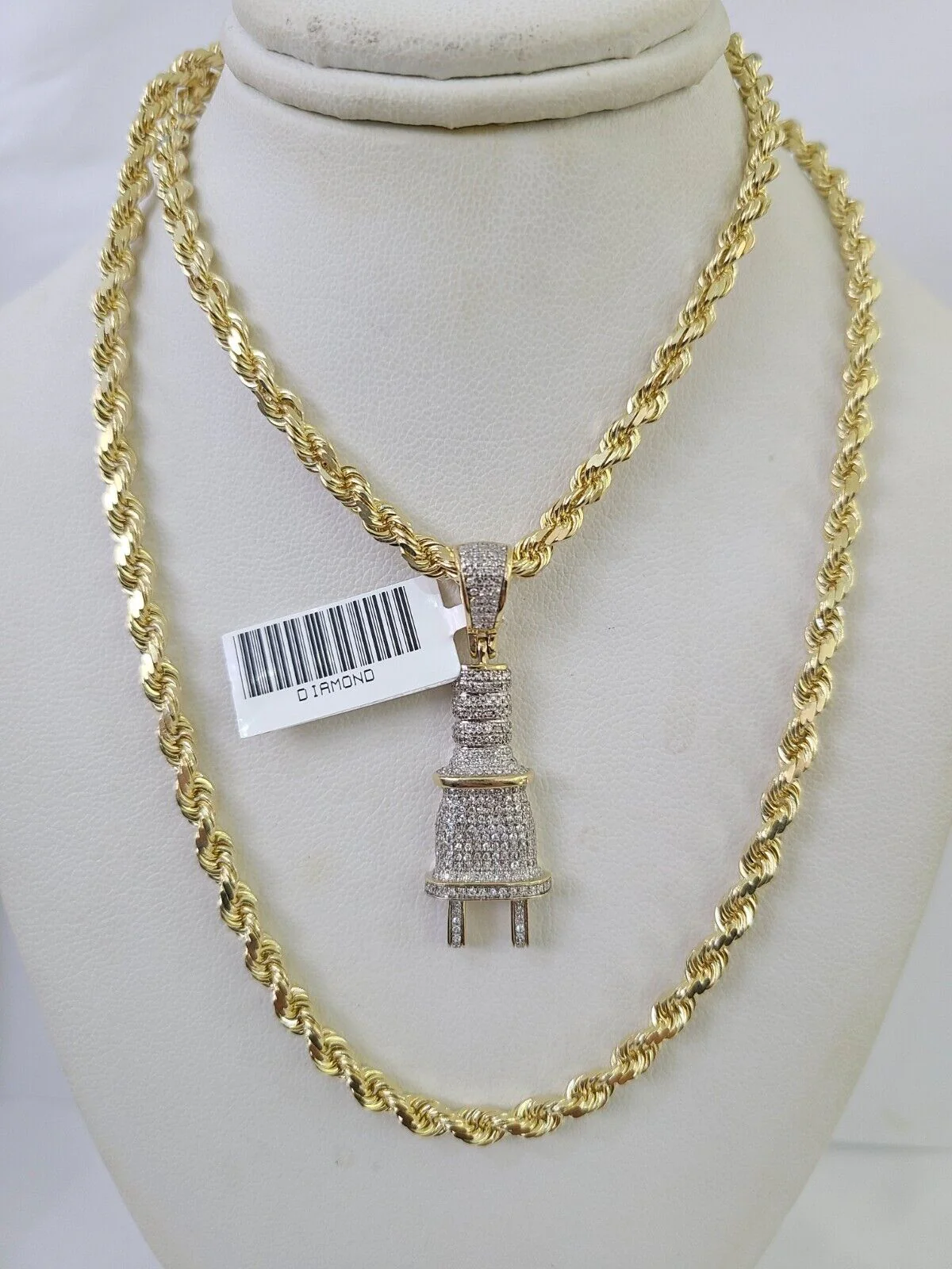 10k Solid Rope Chain Plug Socket Charm Diamond Set 4mm 20"-28" Necklace Gold - Image 5