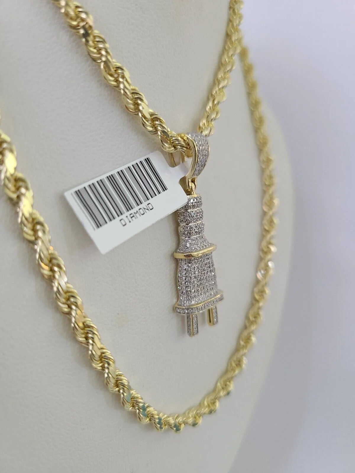 10k Solid Rope Chain Plug Socket Charm Diamond Set 4mm 20"-28" Necklace Gold - Image 6