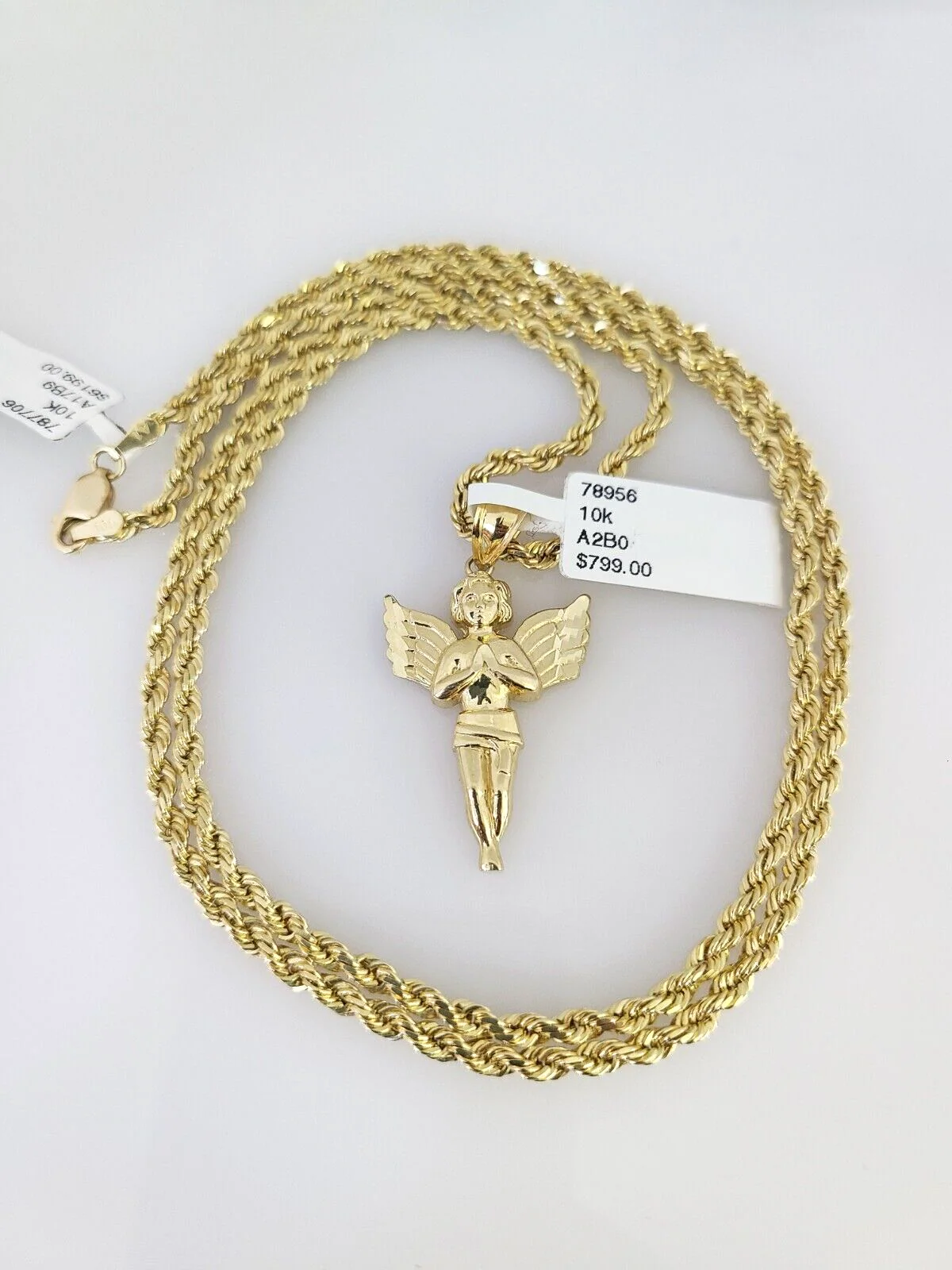 10k Solid Rope Chain Praying Angel Charm Pendant 3mm Set 18"-26" in Necklace - Image 2