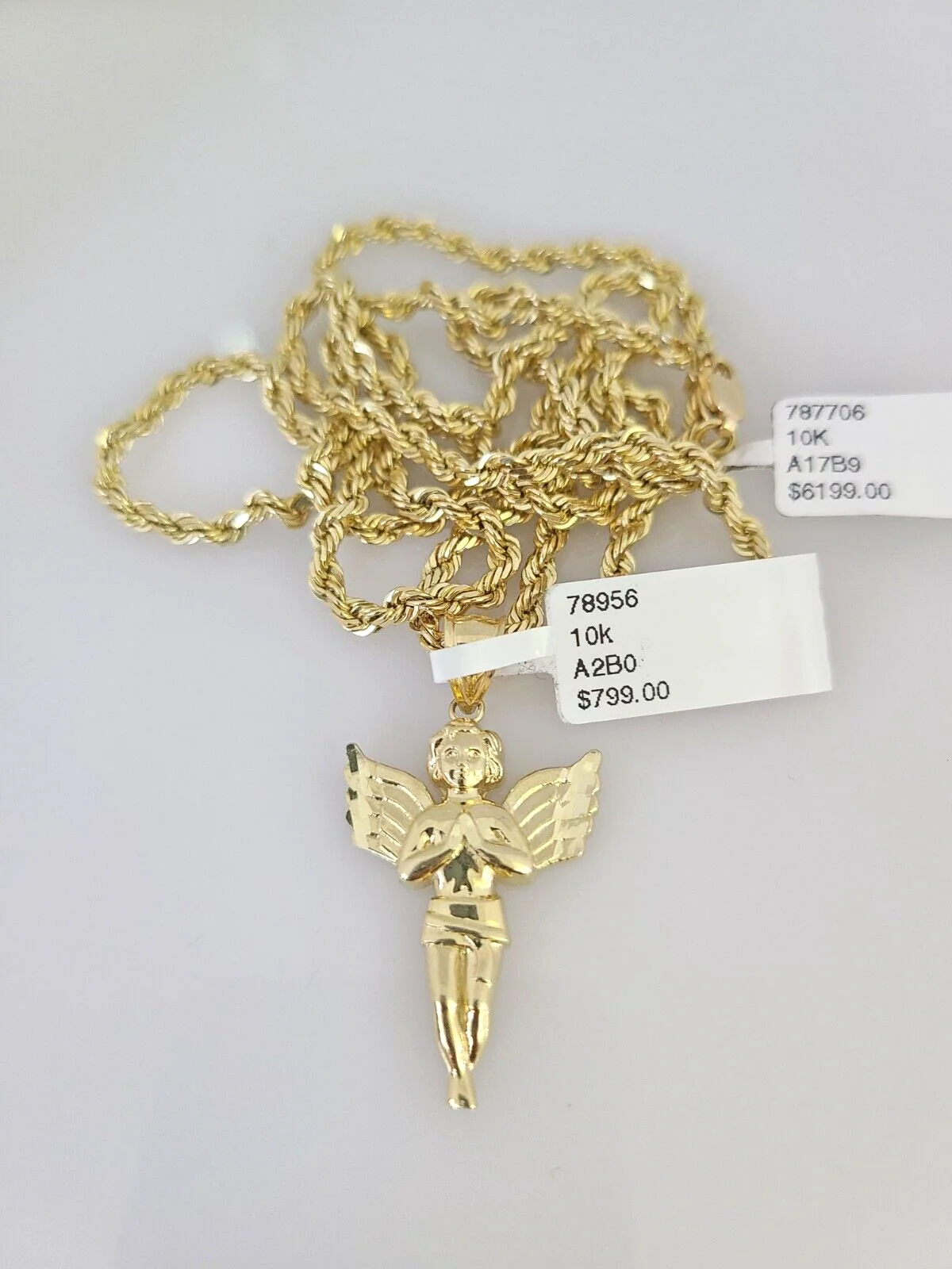 10k Solid Rope Chain Praying Angel Charm Pendant 3mm Set 18"-26" in Necklace - Image 3