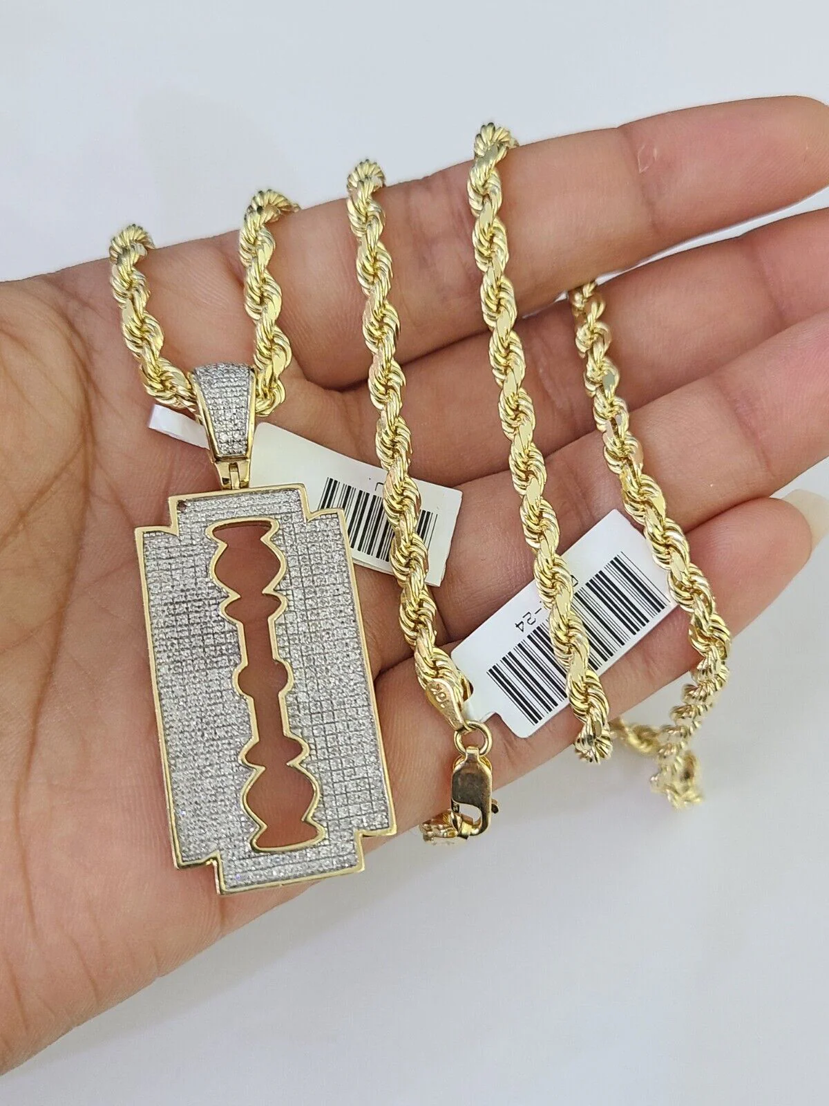 10k Solid Rope Chain Razor Blade Charm Diamond Set 4mm 20"-28" Necklace Gold - Image 2