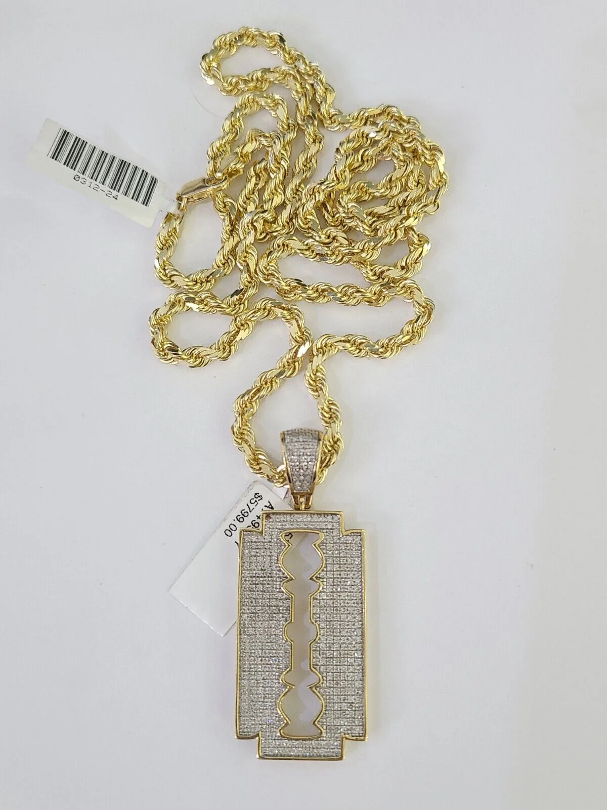 10k Solid Rope Chain Razor Blade Charm Diamond Set 4mm 20"-28" Necklace Gold - Image 3